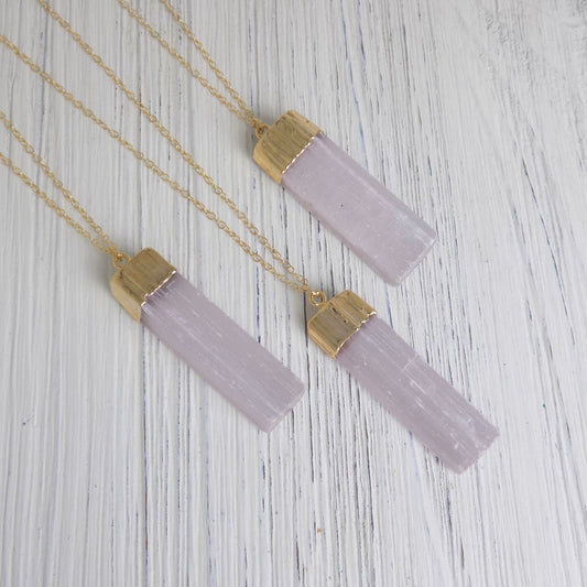 Pink Selenite Necklace - Raw Selenite Necklace Gold Layer Boho