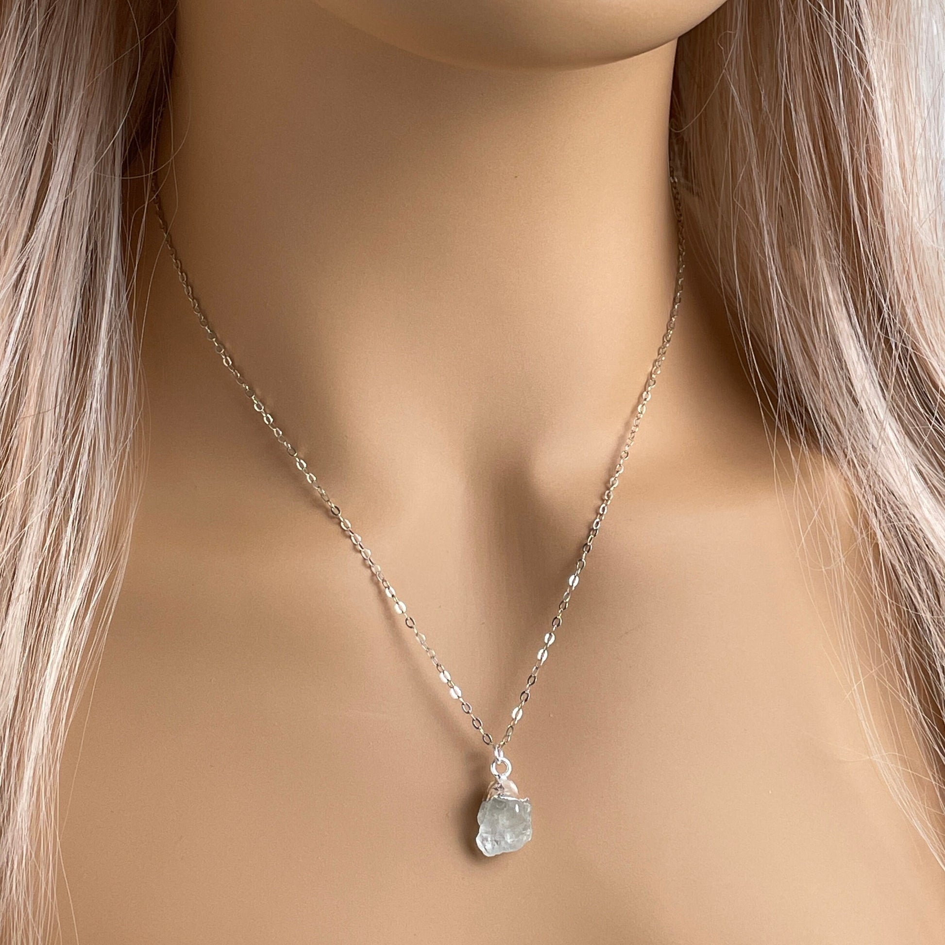 Raw Aquamarine Necklace Silver - Boho Rough Aquamarine Pendant