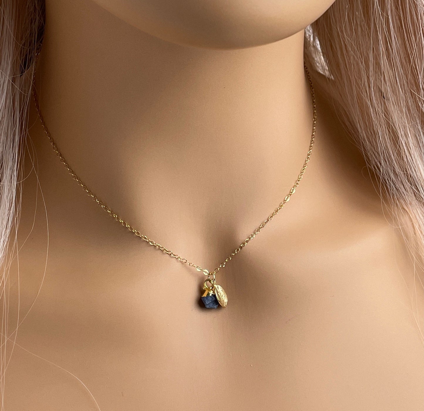 Tiny Sapphire Necklace Gold, Personalized Raw Sapphire Pendant, Navy Blue Crystals, September Borthday Gift For Best Friend, M5-610