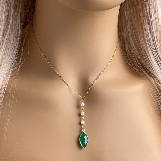Green Emerald Lariat Necklace, Pearl Y Necklace, May Birthstone Necklaces, Genuine Emerald, Bridal Jewelry, M5-407