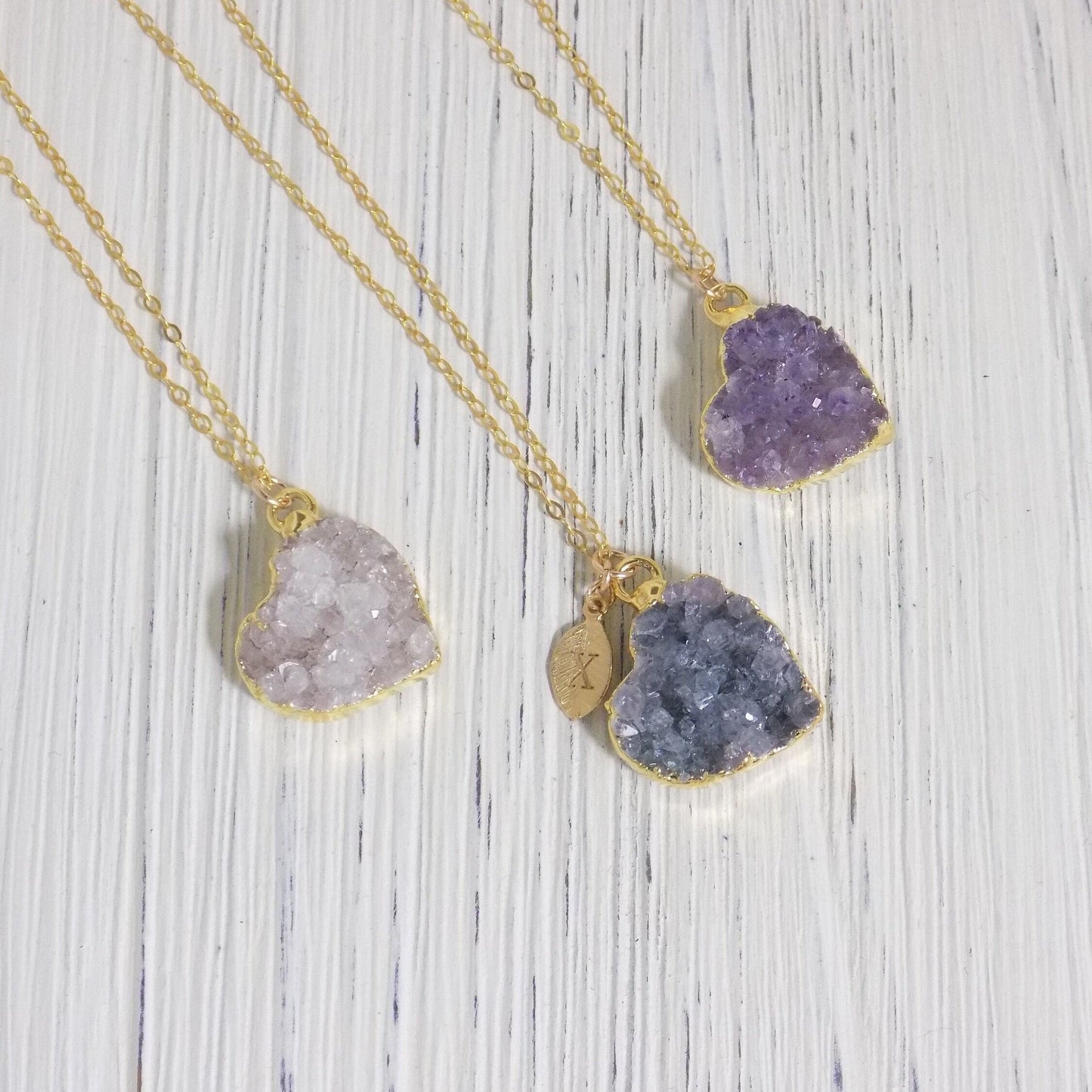Mothers Day Gift, Heart Necklace, Personalized Druzy Necklaces, Raw Crystal Layering Necklace, Birthday Gift Women, R14-09