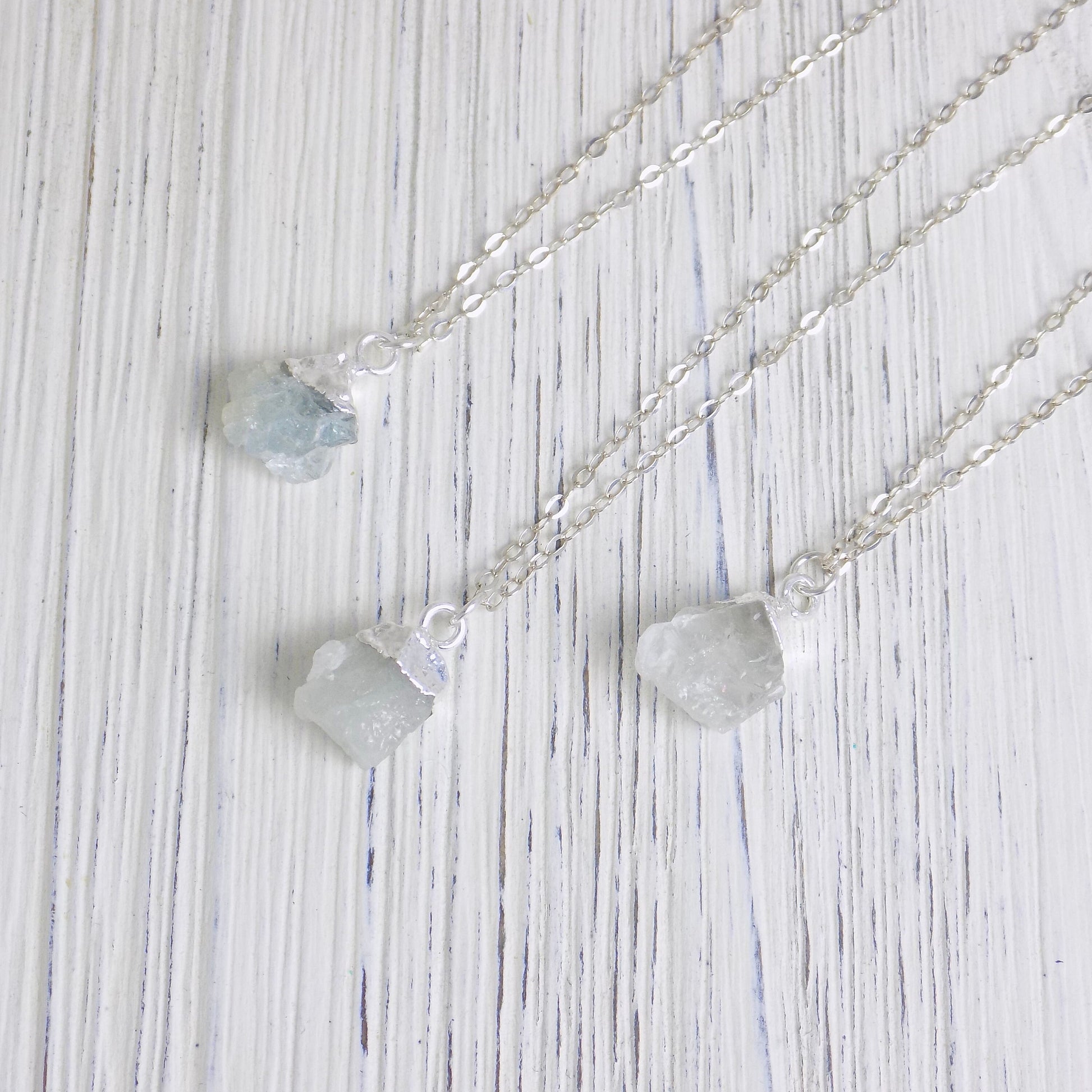 Raw Aquamarine Necklace Silver - Boho Rough Aquamarine Pendant
