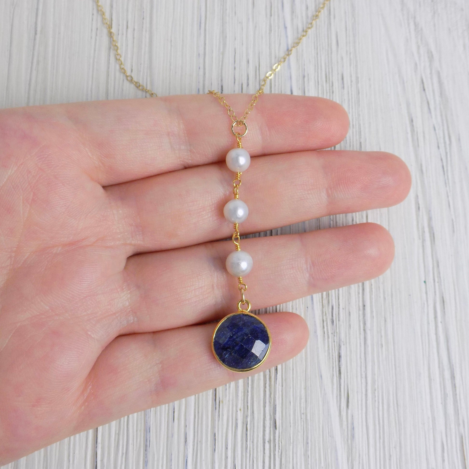 Round Blue Sapphire Necklace, Freshwater Pearl Y Necklace Lariat, Genuine Raw Sapphire, September Birthstone, Mothers Gift, M5-405
