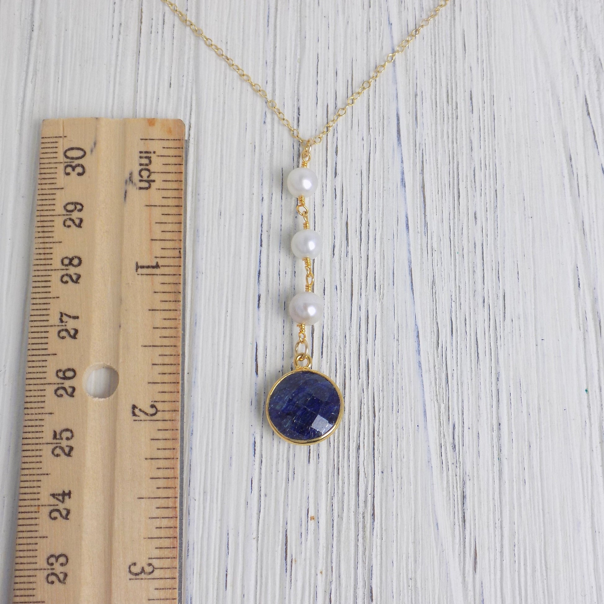 Round Blue Sapphire Necklace, Freshwater Pearl Y Necklace Lariat, Genuine Raw Sapphire, September Birthstone, Mothers Gift, M5-405