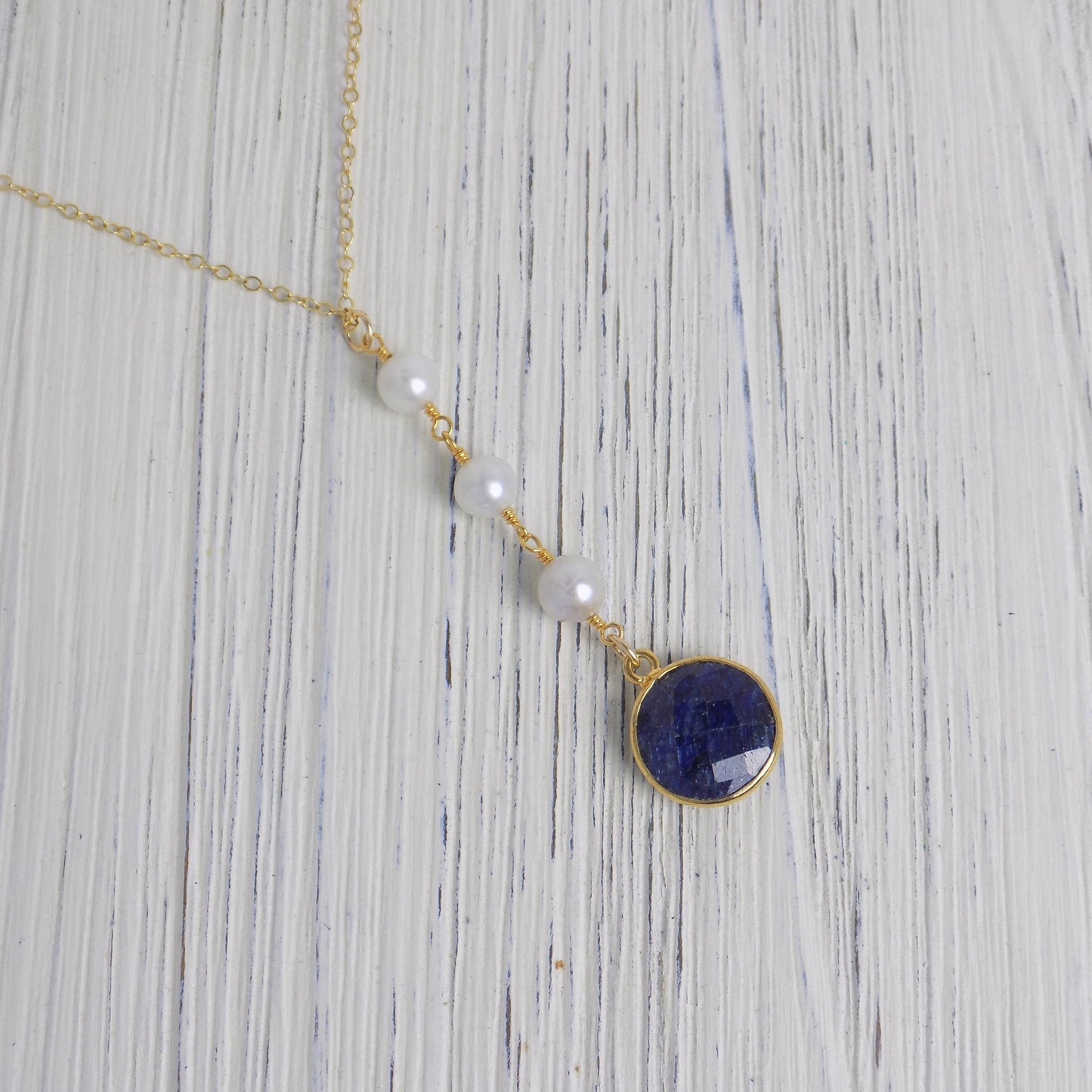 Round Blue Sapphire Necklace, Freshwater Pearl Y Necklace Lariat, Genuine Raw Sapphire, September Birthstone, Mothers Gift, M5-405
