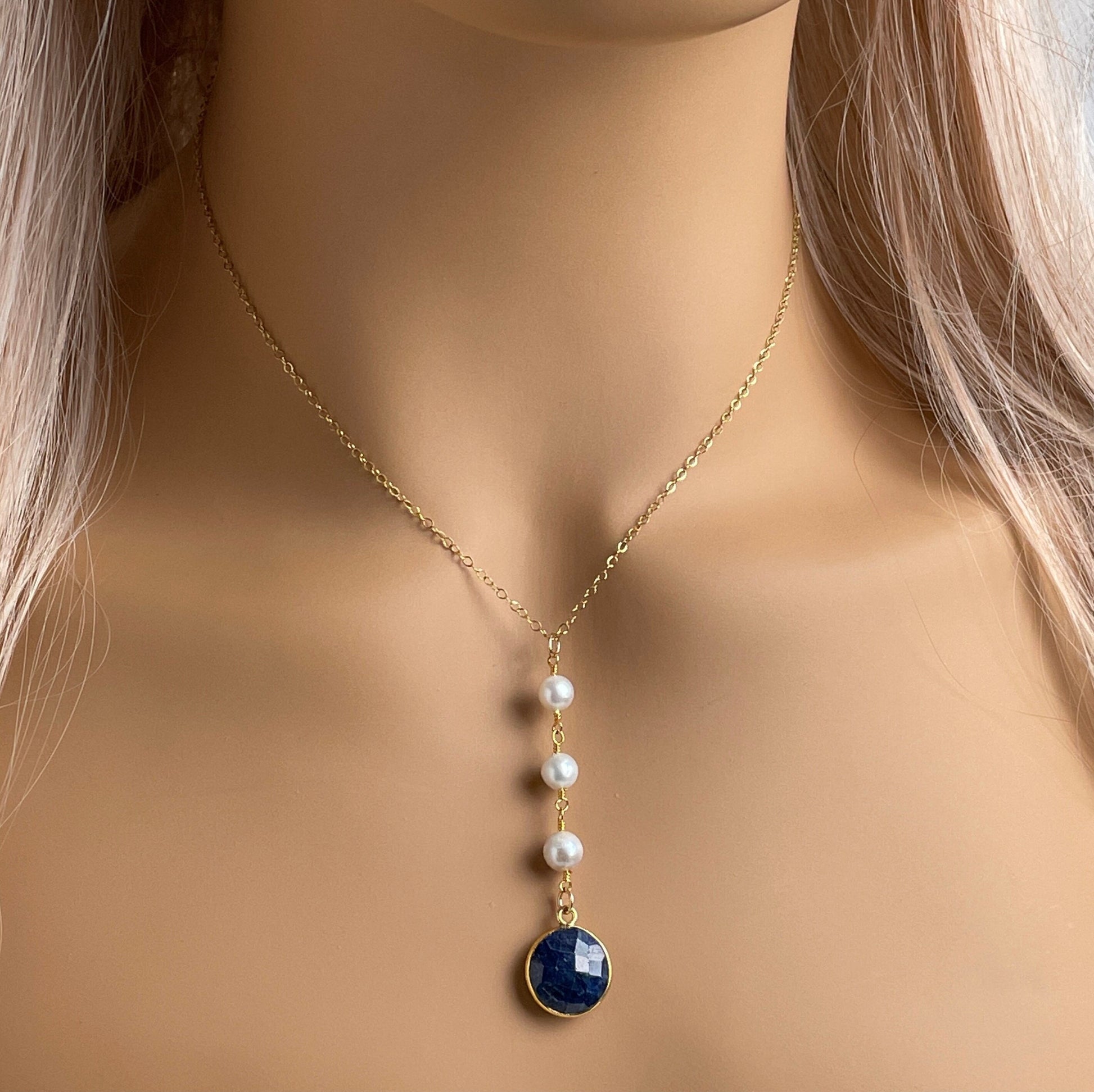 Round Blue Sapphire Necklace, Freshwater Pearl Y Necklace Lariat, Genuine Raw Sapphire, September Birthstone, Mothers Gift, M5-405