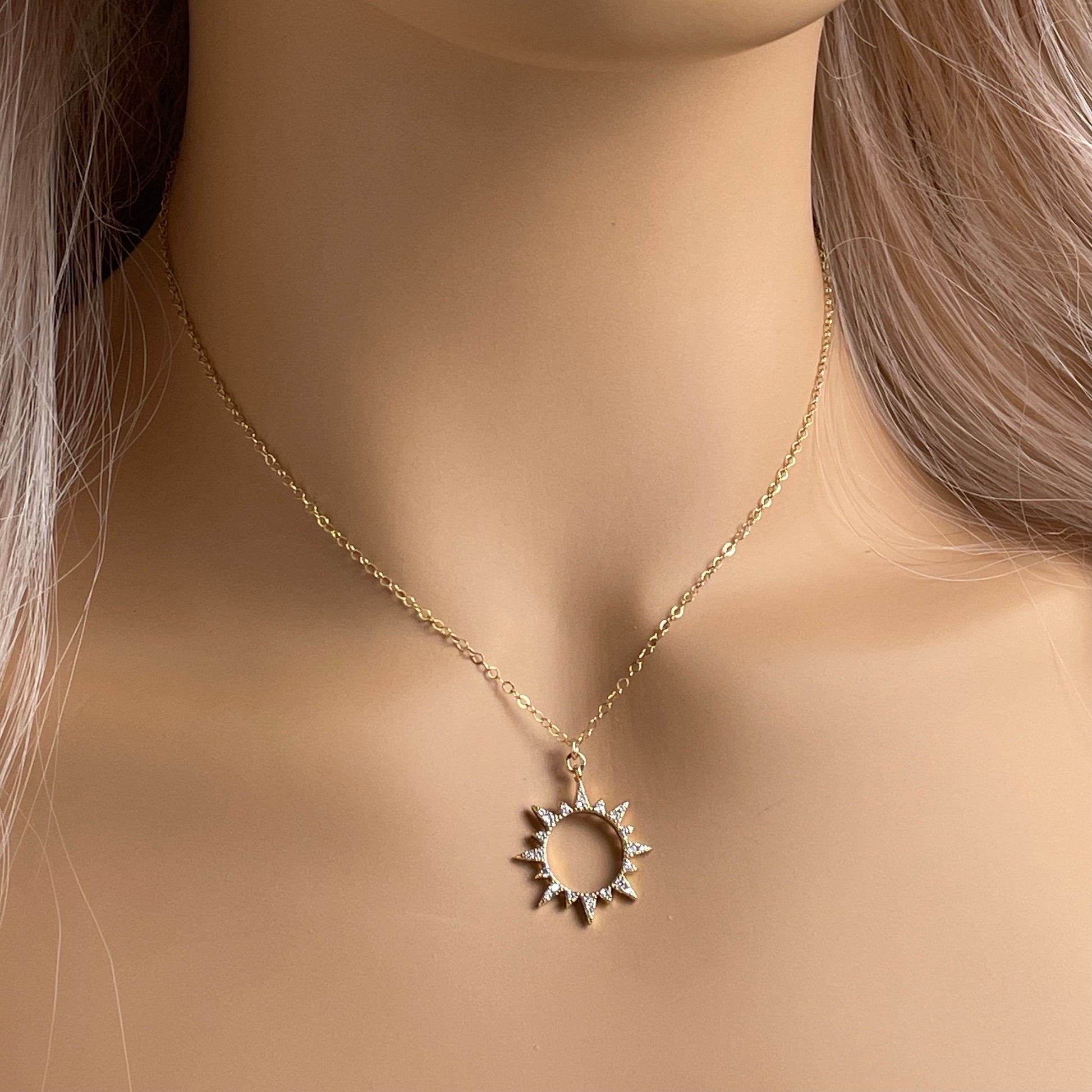 Minimalist Sun Necklace with Cubic Zirconia Stones on 14K Gold Filled Chain, M6-588