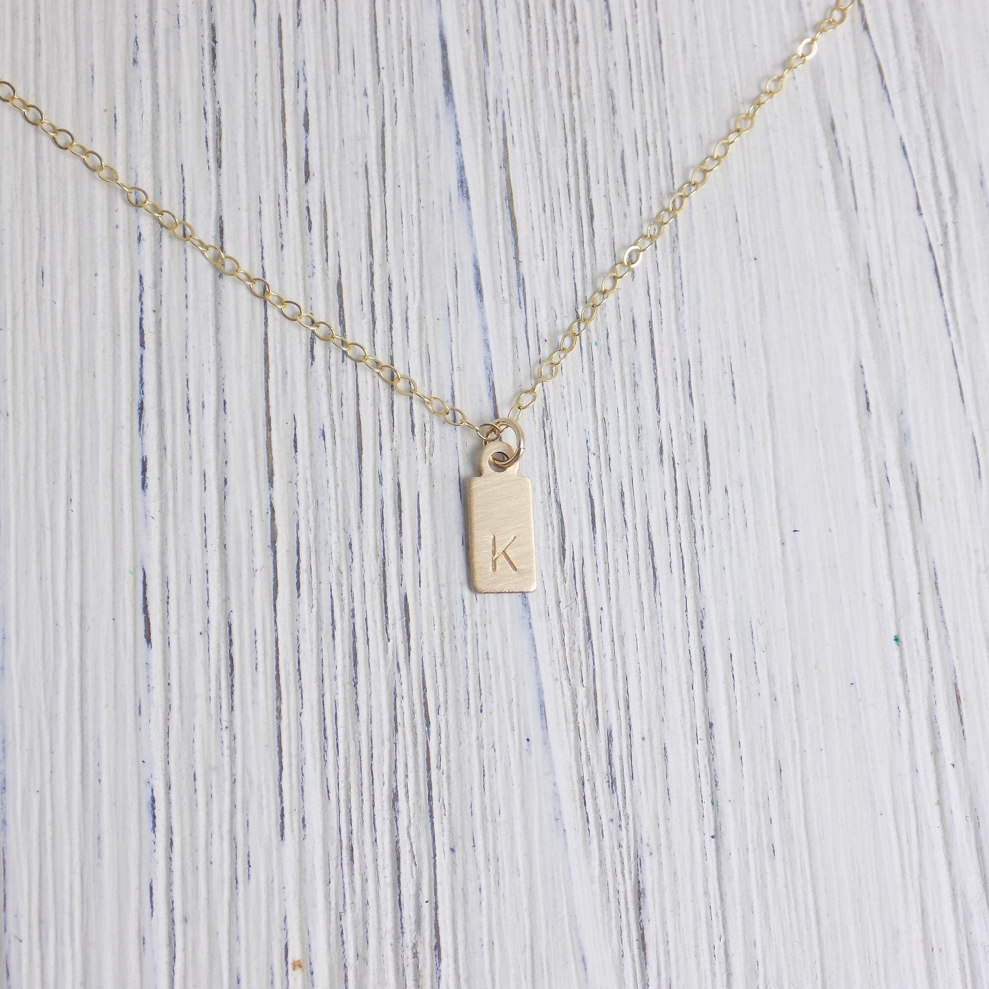 Initial Charm Necklace - Small Tag Initial Necklace Brushed Matte Satin Finish - 14K Gold Filled - Personalized Layering Necklace Gift Women