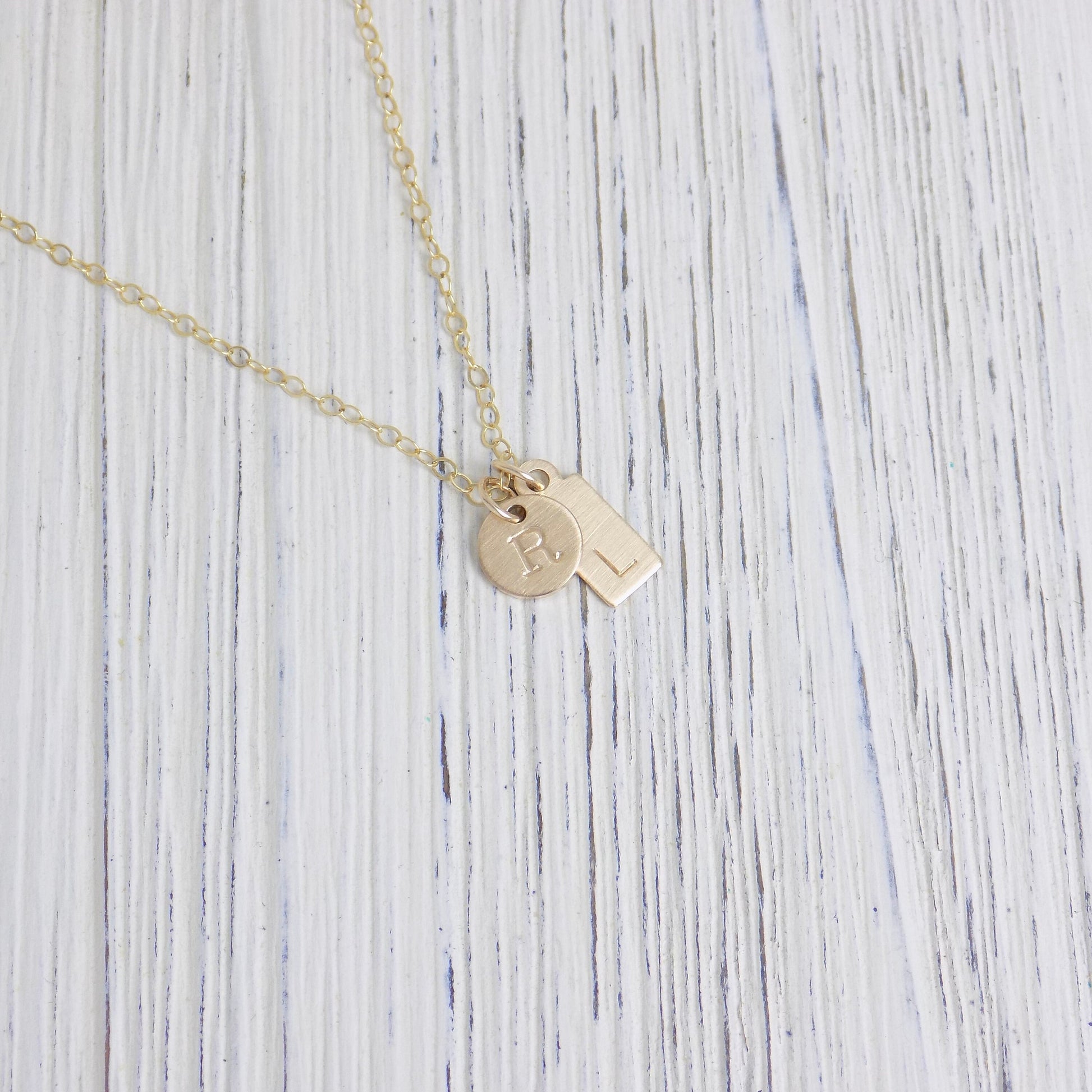 Personalized Charm Necklace - Small Tag Initial Necklace Brushed Matte Satin Finish - 14K Gold Filled Initial Necklace - Layering Gift Women