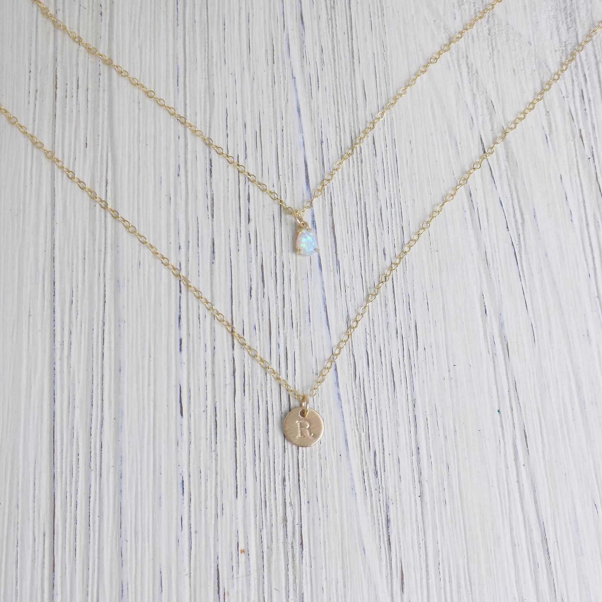 Initial Layered Necklaces - Dainty Opal Necklace October Birthstone Gift - Brushed Matte Satin Finish 14K Gold Filled - Personalized Initial