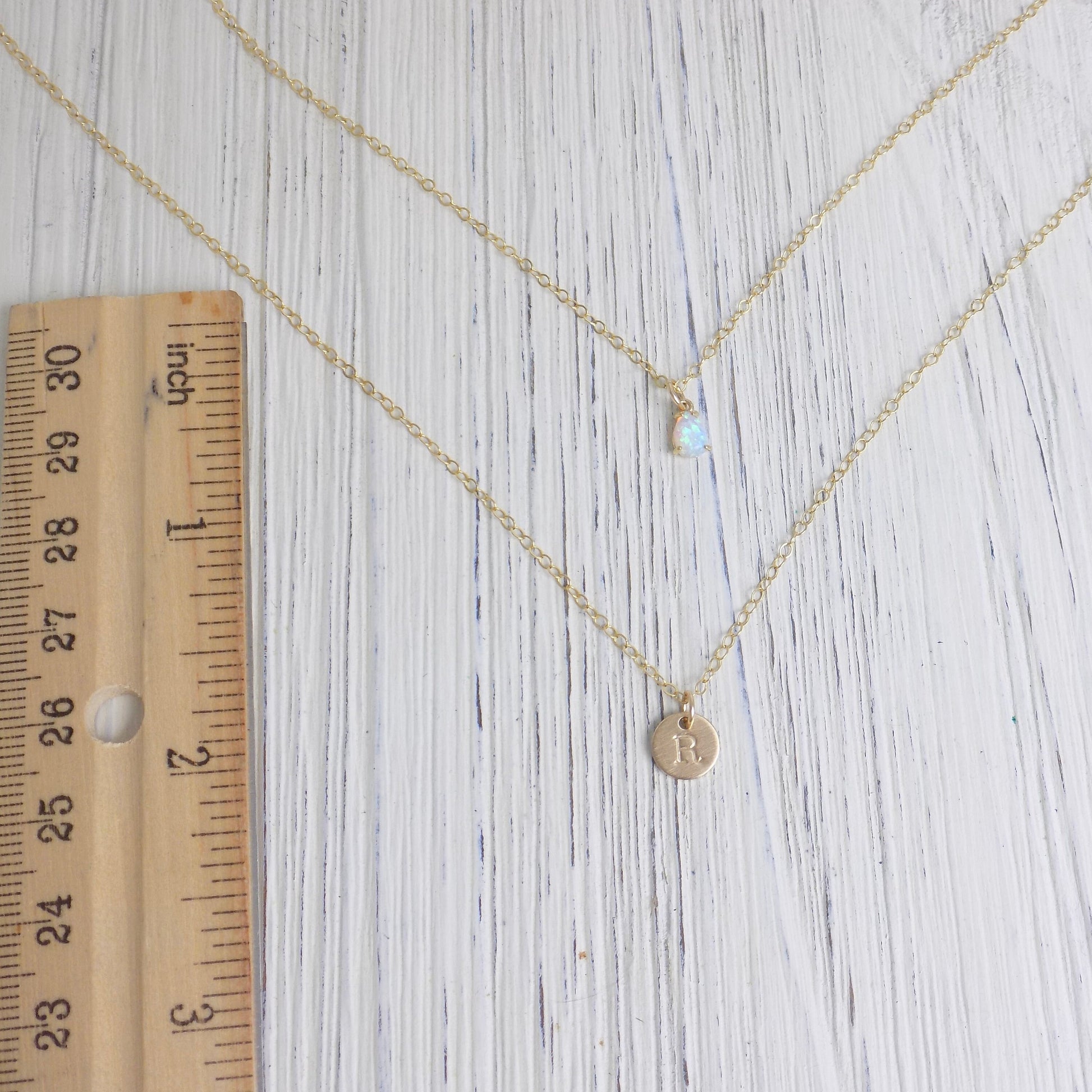 Initial Layered Necklaces - Dainty Opal Necklace October Birthstone Gift - Brushed Matte Satin Finish 14K Gold Filled - Personalized Initial