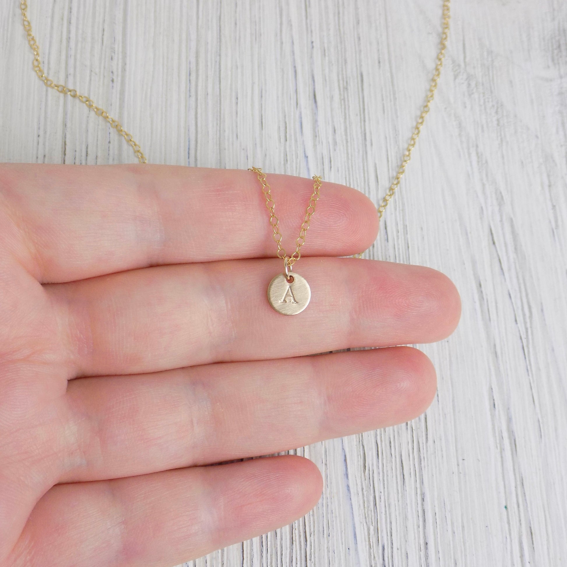Dainty Initial Charm Necklace - 14K Gold Filled Brushed Matte Satin Finish - Personalized Layering Necklace Gold Coin - Christmas Gift Women