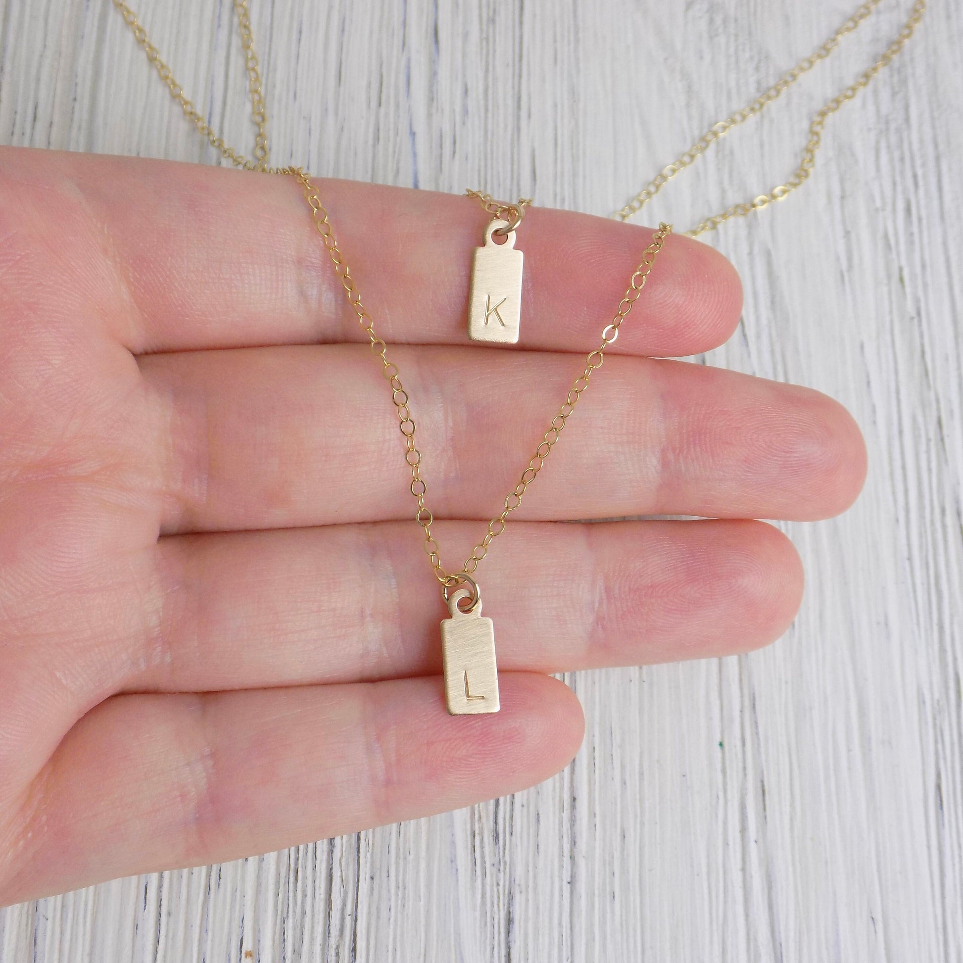 Initial Charm Necklace Set - Small Tag Initial Necklace 14K Gold Filled Brushed Matte Satin Finish Personalized Layered Necklace Gift Women