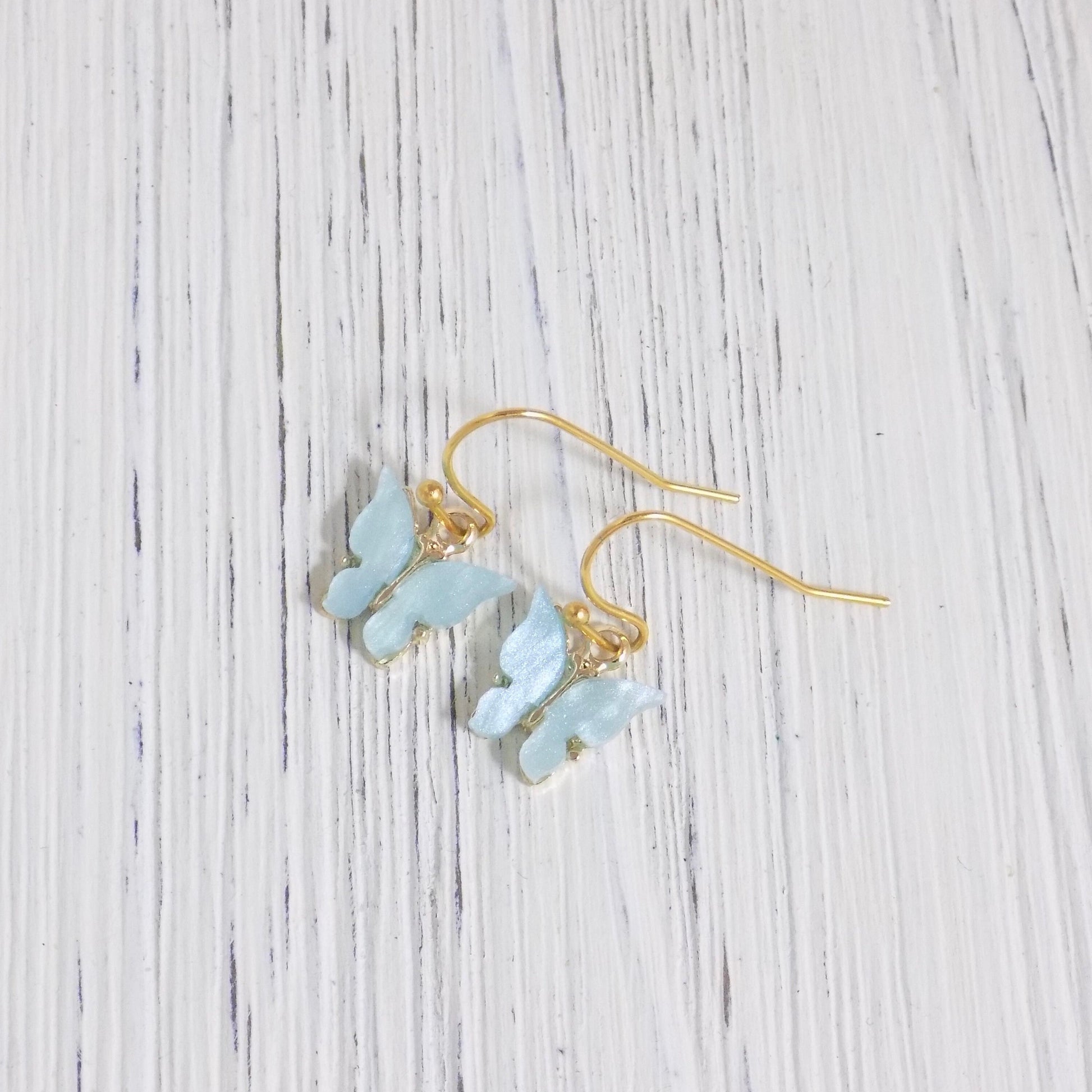 Small Butterfly Drop Earrings Blue and Gold Minimalist Dangle, L2-17