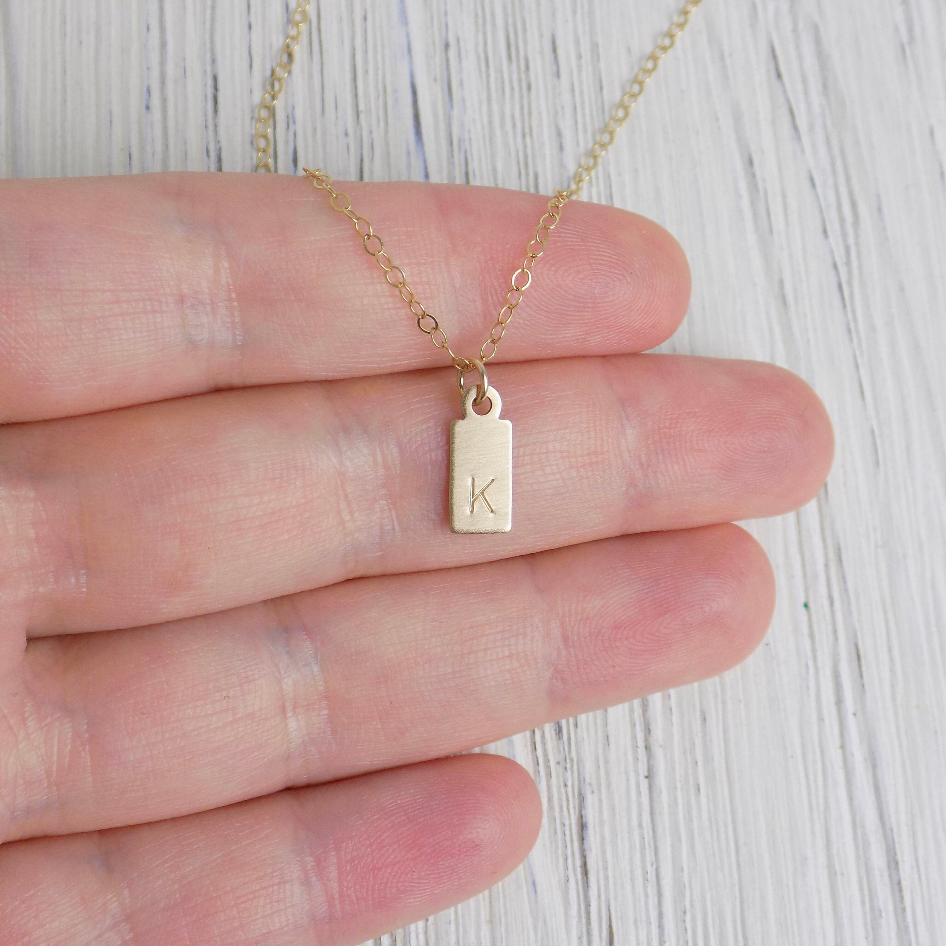 Initial Charm Necklace - Small Tag Initial Necklace Brushed Matte Satin Finish - 14K Gold Filled - Personalized Layering Necklace Gift Women