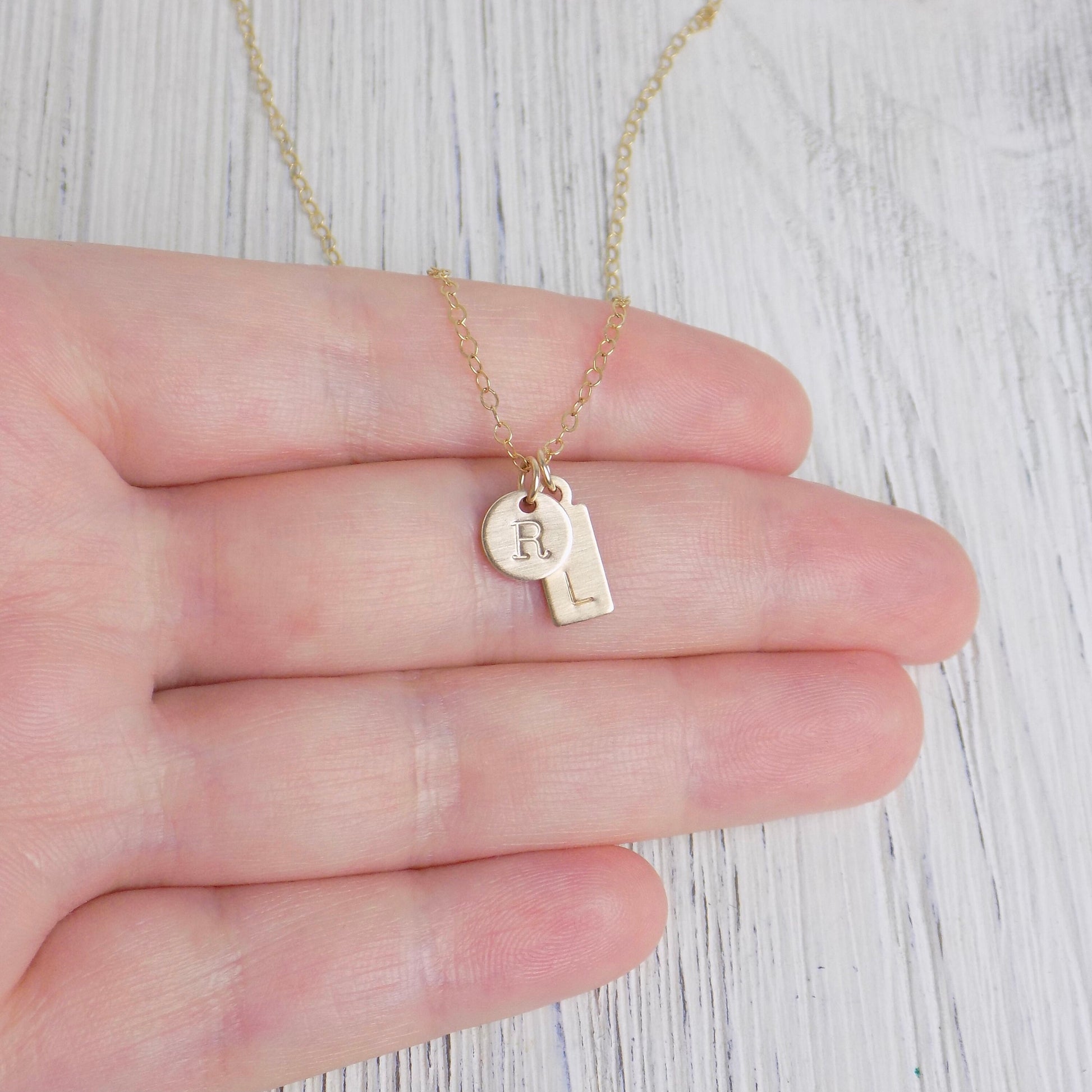 Personalized Charm Necklace - Small Tag Initial Necklace Brushed Matte Satin Finish - 14K Gold Filled Initial Necklace - Layering Gift Women