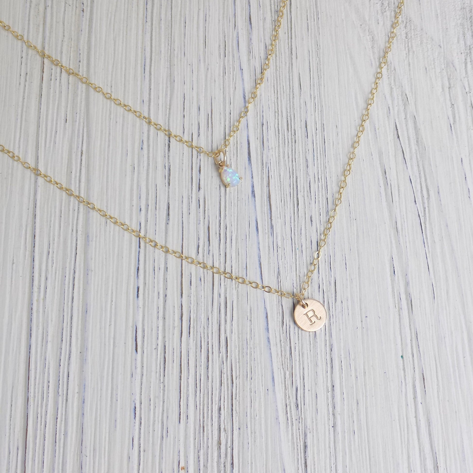 Initial Layered Necklaces - Dainty Opal Necklace October Birthstone Gift - Brushed Matte Satin Finish 14K Gold Filled - Personalized Initial