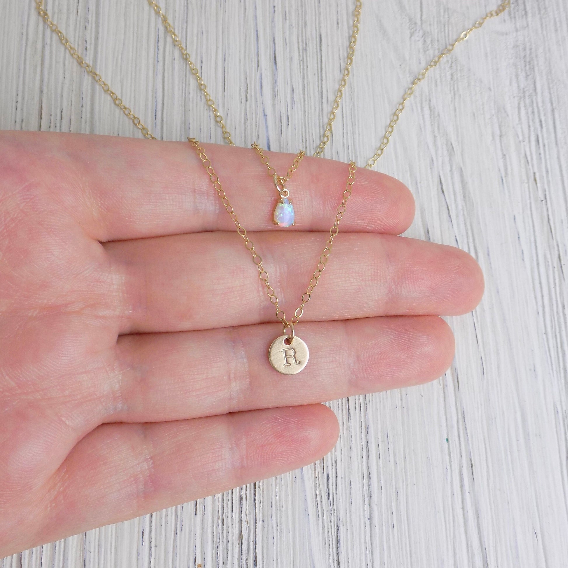 Initial Layered Necklaces - Dainty Opal Necklace October Birthstone Gift - Brushed Matte Satin Finish 14K Gold Filled - Personalized Initial