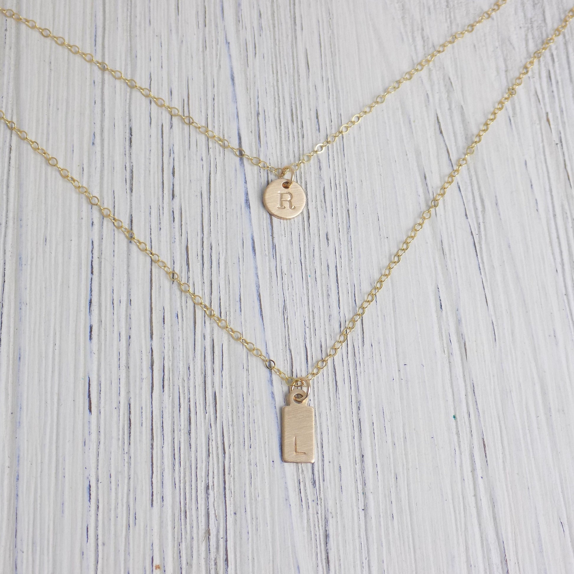 Layered Initial Necklaces - Dainty Initial Necklace Set Of 2 - 14K Gold Filled Brushed Matte Satin Finish - Christmas Gift Women - Z1-61