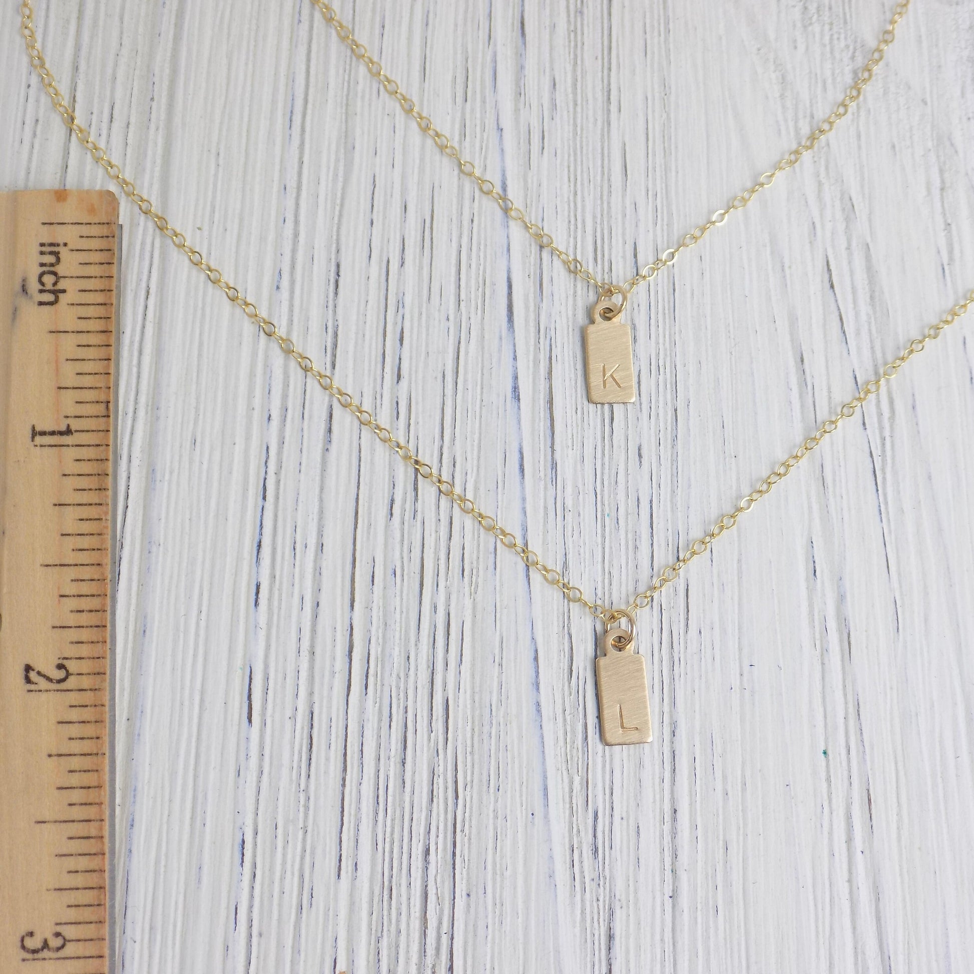 Initial Charm Necklace Set - Small Tag Initial Necklace 14K Gold Filled Brushed Matte Satin Finish Personalized Layered Necklace Gift Women
