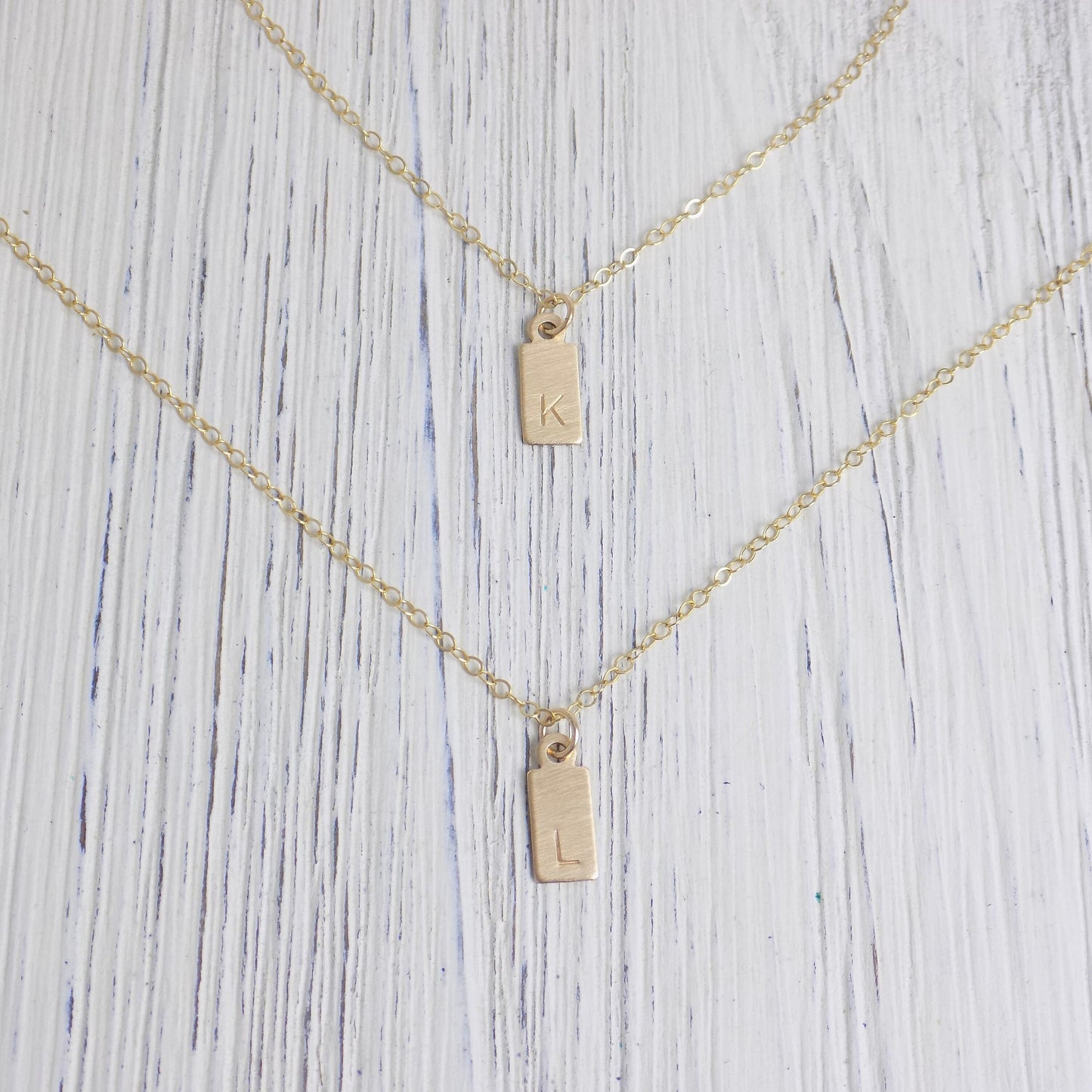 Initial Charm Necklace Set - Small Tag Initial Necklace 14K Gold Filled Brushed Matte Satin Finish Personalized Layered Necklace Gift Women