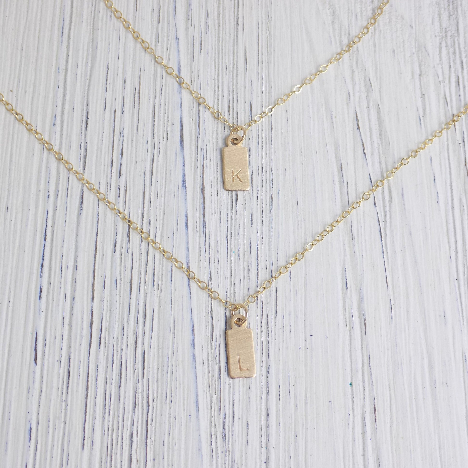 Initial Charm Necklace Set - Small Tag Initial Necklace 14K Gold Filled Brushed Matte Satin Finish Personalized Layered Necklace Gift Women