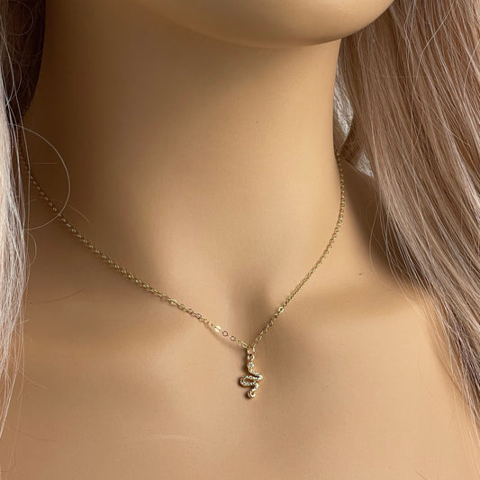 Tiny Snake Necklace Gold - Small Zircon Snake Charm Necklace