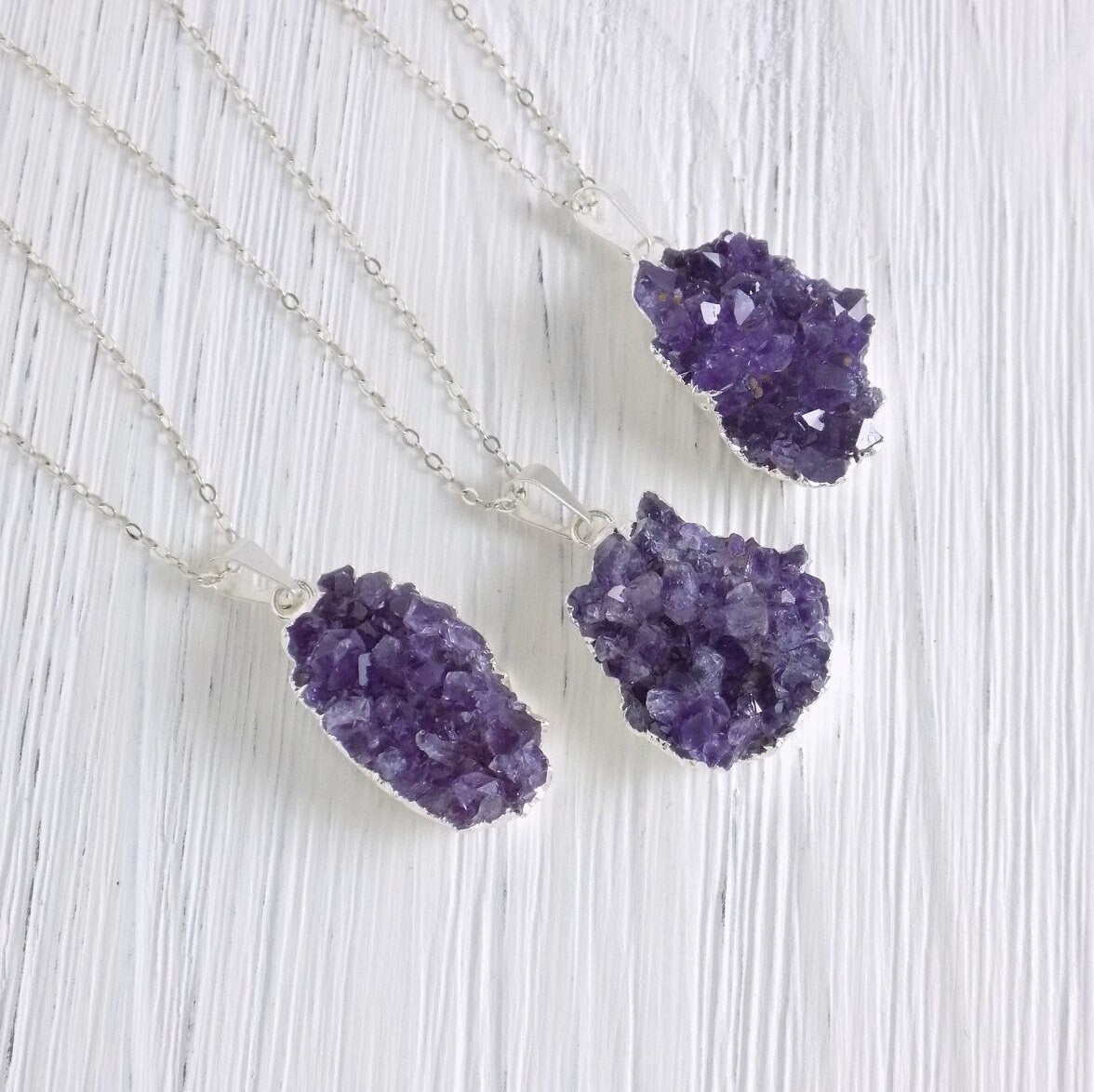 Small Amethyst Necklace Silver, Raw Purple Druzy Pendant, Gifts For Mom, Gift For Best Friend, R12-30
