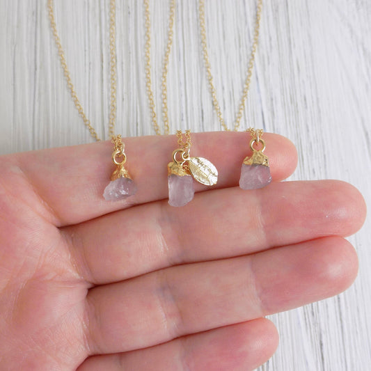 Teacher Gifts, Raw Rose Quartz Necklace Personalized Initial, 14K Gold Filled Chain, Heart Chakra Light Pink Rough Stone, M5-421