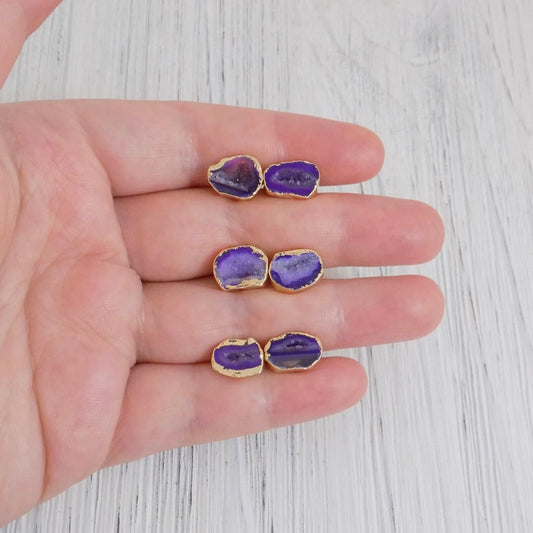 Christmas Gifts For Her - Purple Geode Earrings Studs Gold