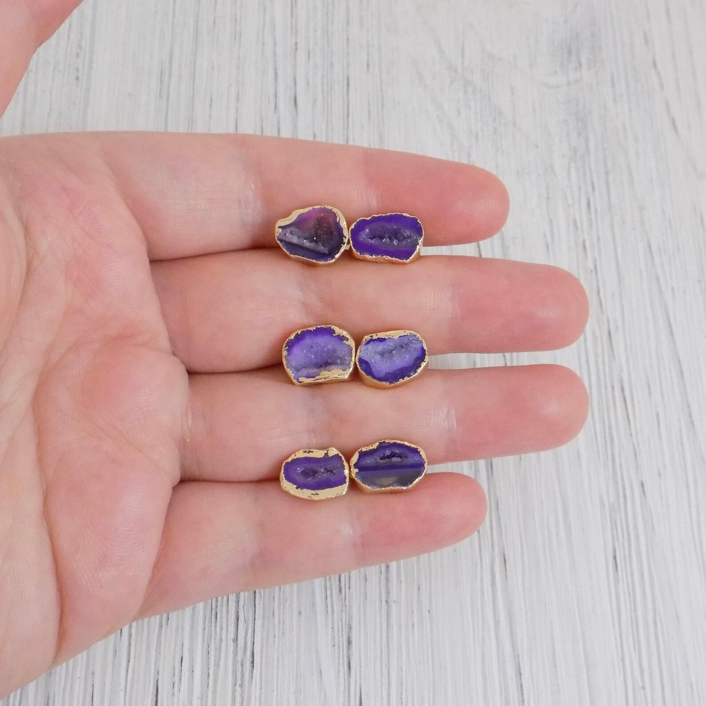 Christmas Gifts For Her - Purple Geode Earrings Studs Gold