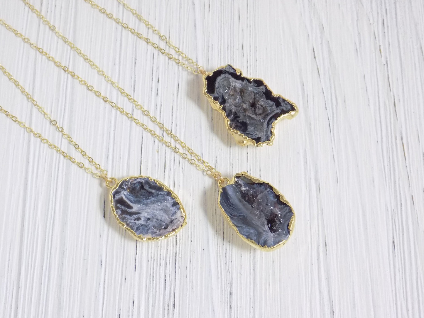 Black Geode Necklace Gold Fill - Small Geode Cave Druzy