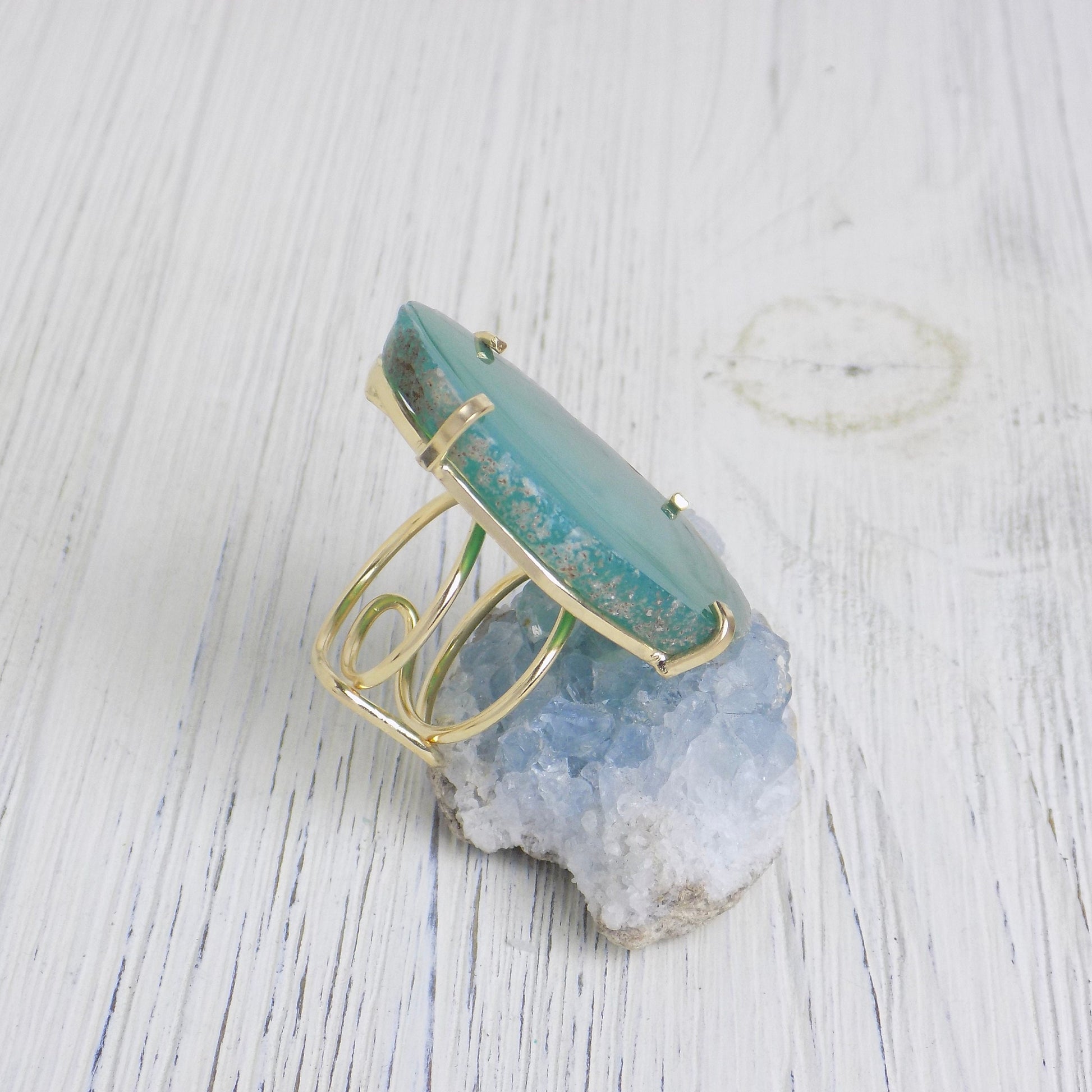 Emerald Green Large Agate Slice Gemstone Ring, Boho Statement Raw Crystal Ring Adjustable Gold Dipped, G13-391