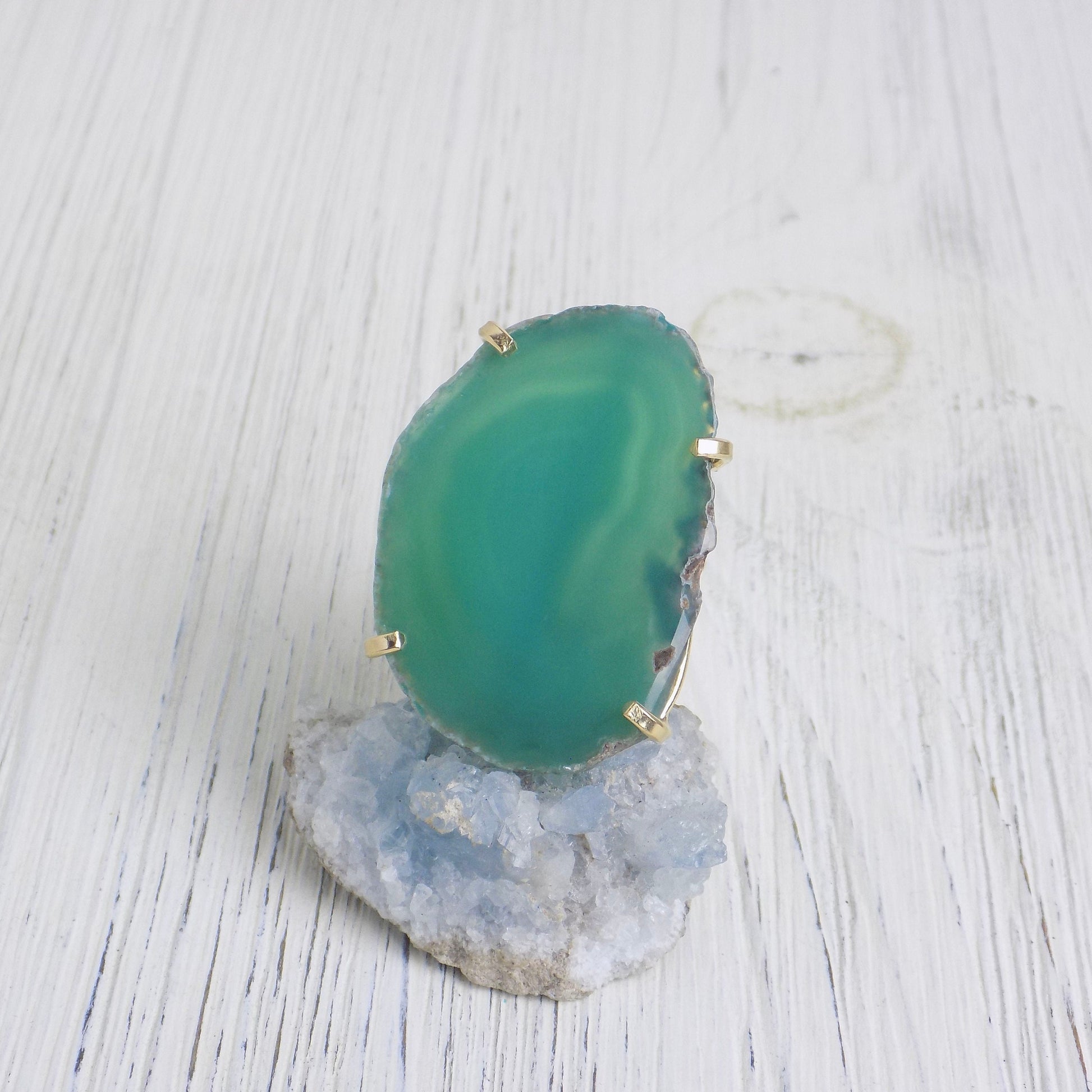 Emerald Green Large Agate Slice Gemstone Ring, Boho Statement Raw Crystal Ring Adjustable Gold Dipped, G13-391