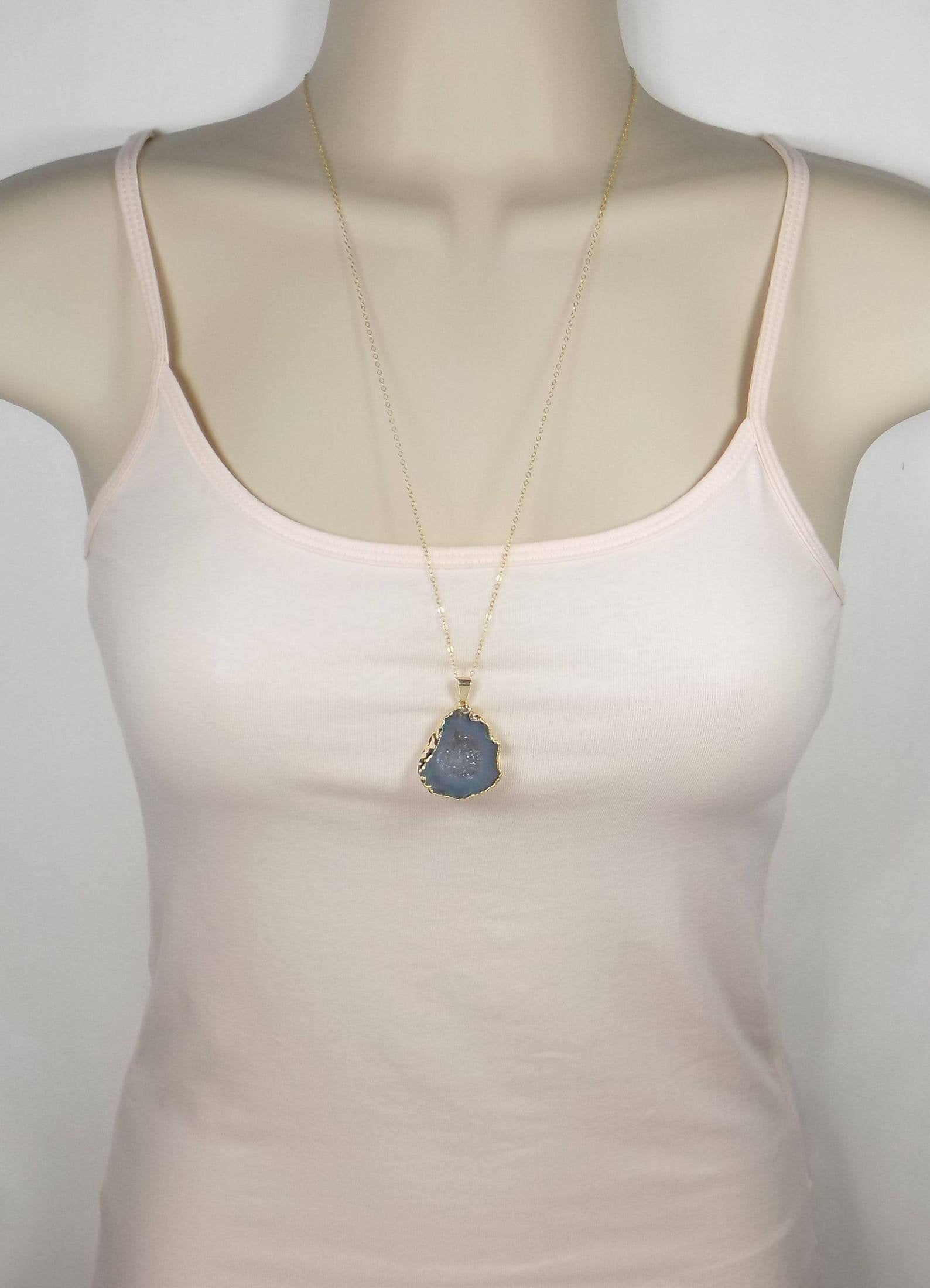 Unique Teacher Gift, Geode Necklace, Light Blue Druzy Necklace, Boho Gemstone Pendant Gold Layer, G13-397