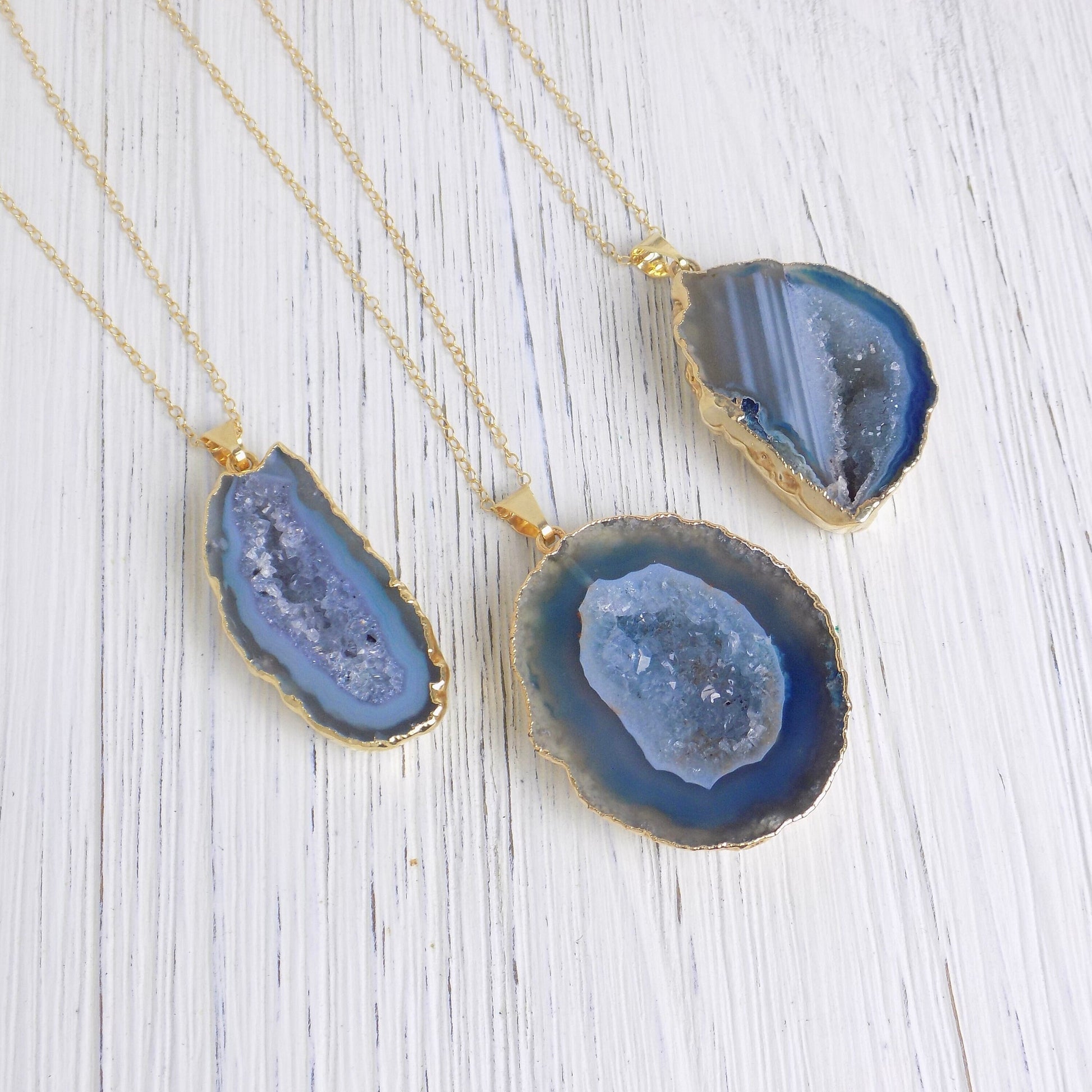 Unique Teacher Gift, Geode Necklace, Light Blue Druzy Necklace, Boho Gemstone Pendant Gold Layer, G13-397