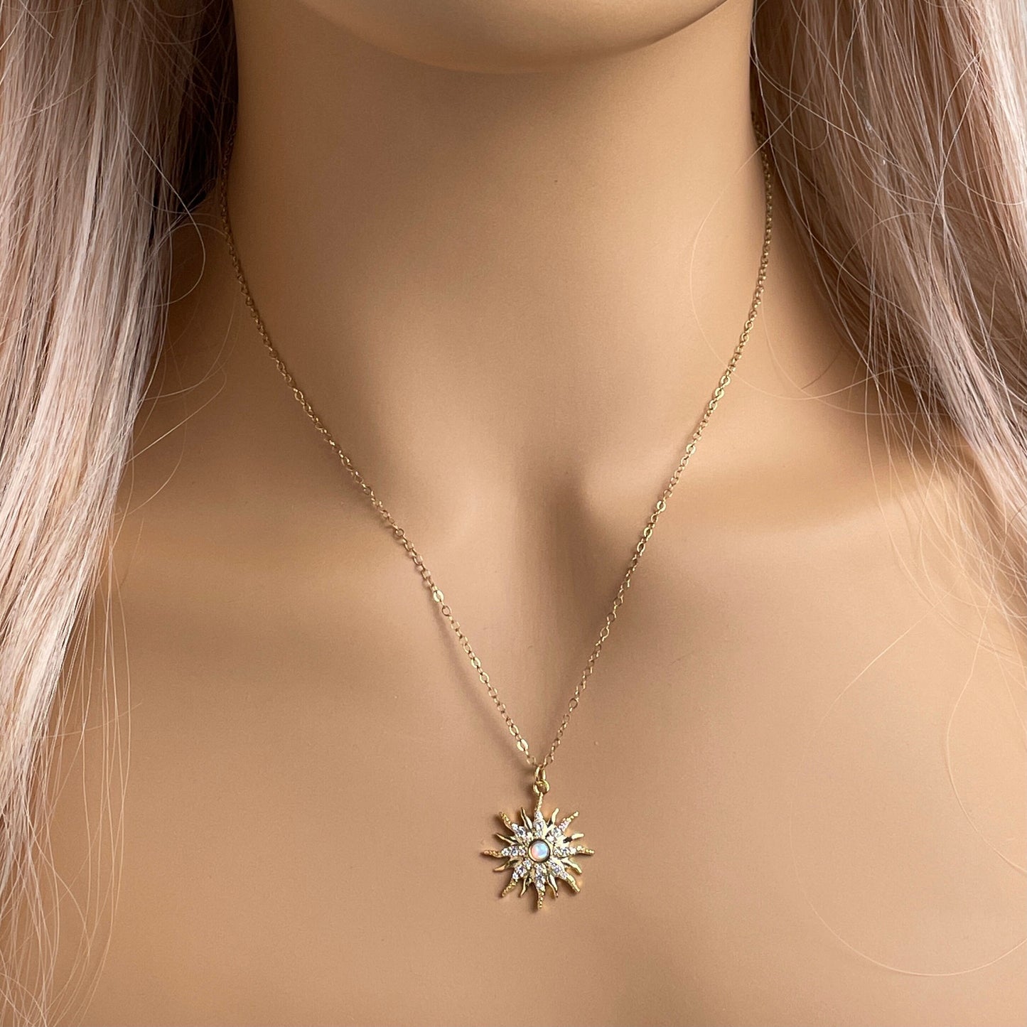 Opal Sun Necklace Gold, October Birthstone Charm, Zircon Sun Burst Pendant, Christmas Gifts For Her, M5-390