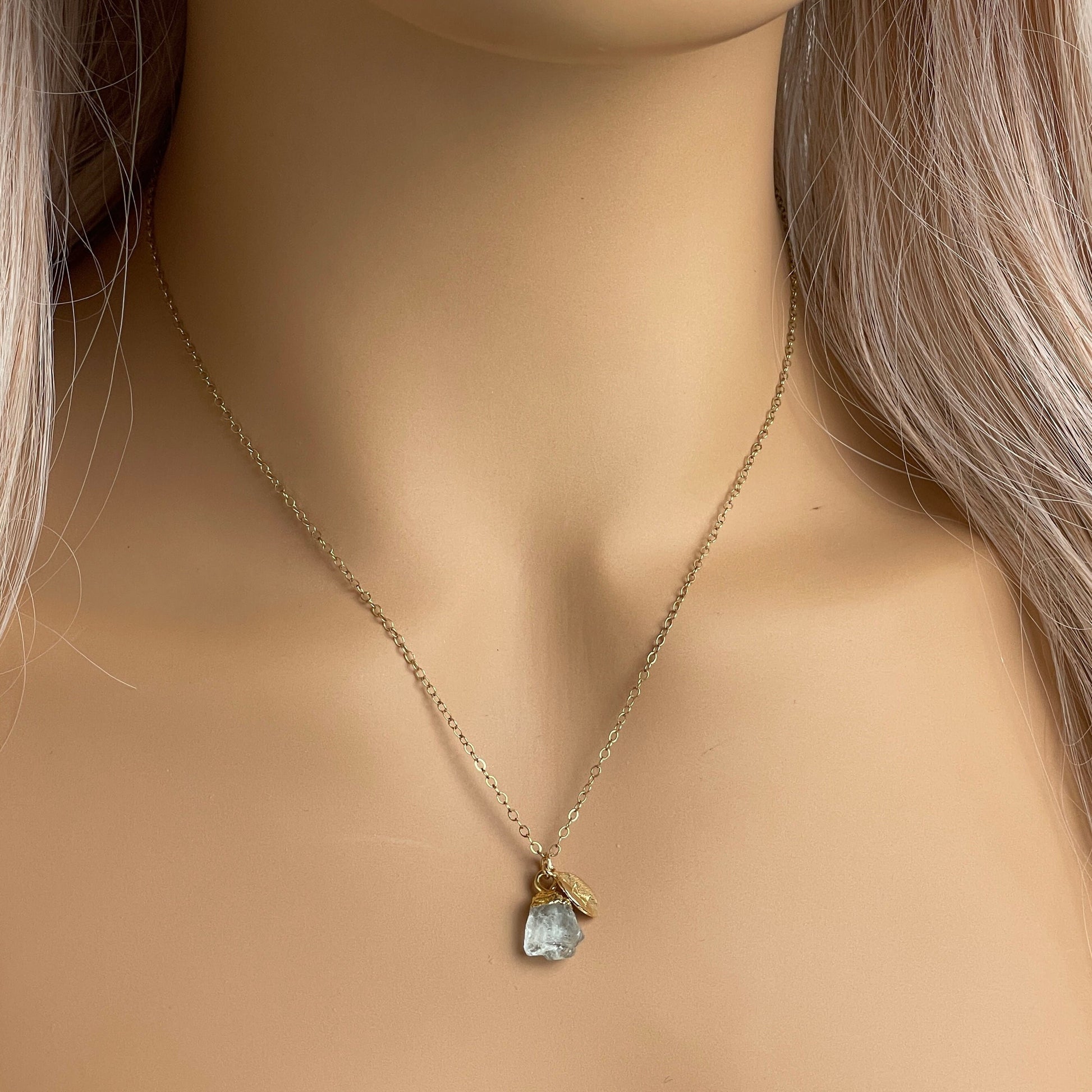 Custom Raw Aquamarine Gemstone Necklace Gold, March Birthstone Gifts For Her, G13-551