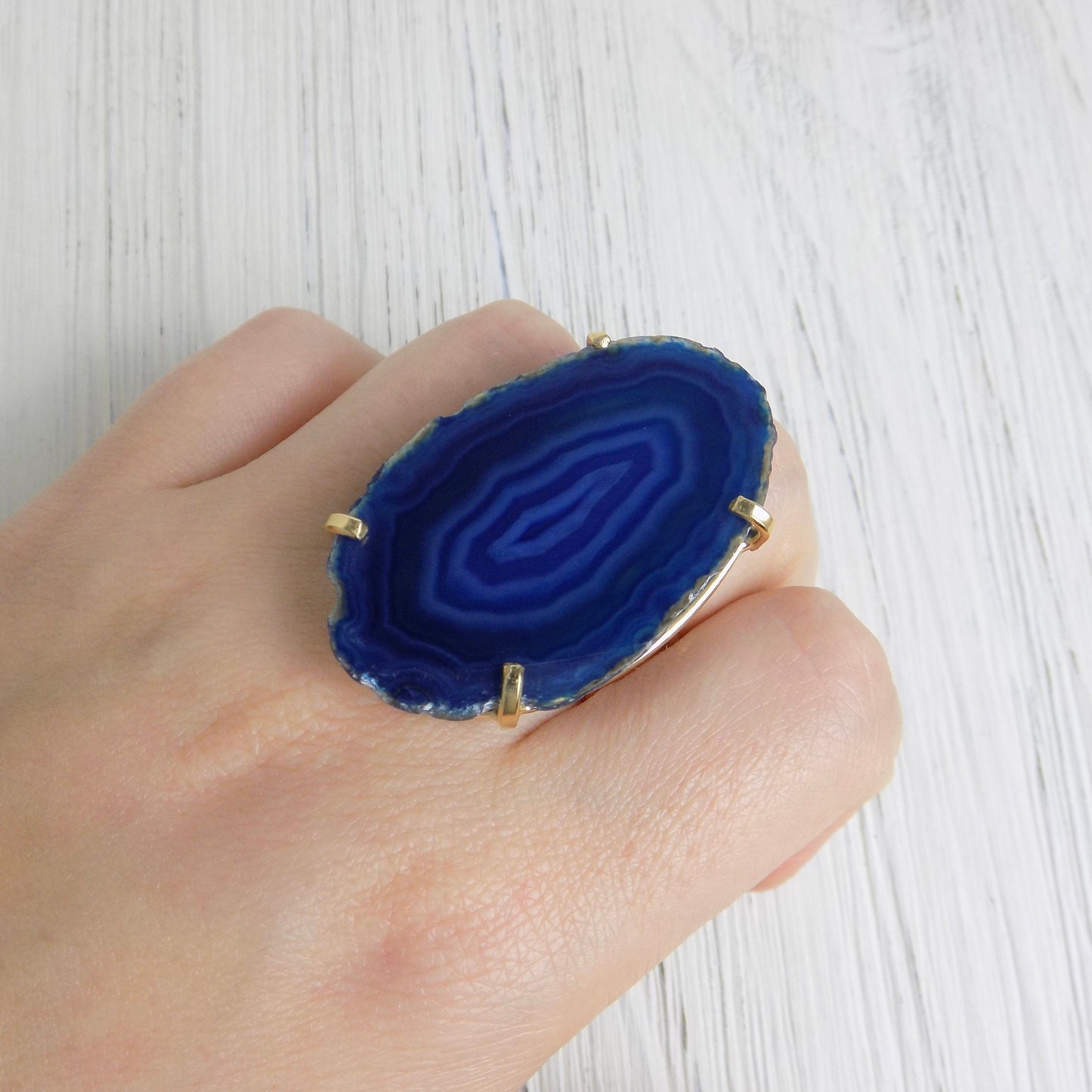 Raw Large Blue Agate Ring Gold Adjustable, Sliced Geode Cocktail Rings, Boho Crystal Statement Jewelry, G13-432