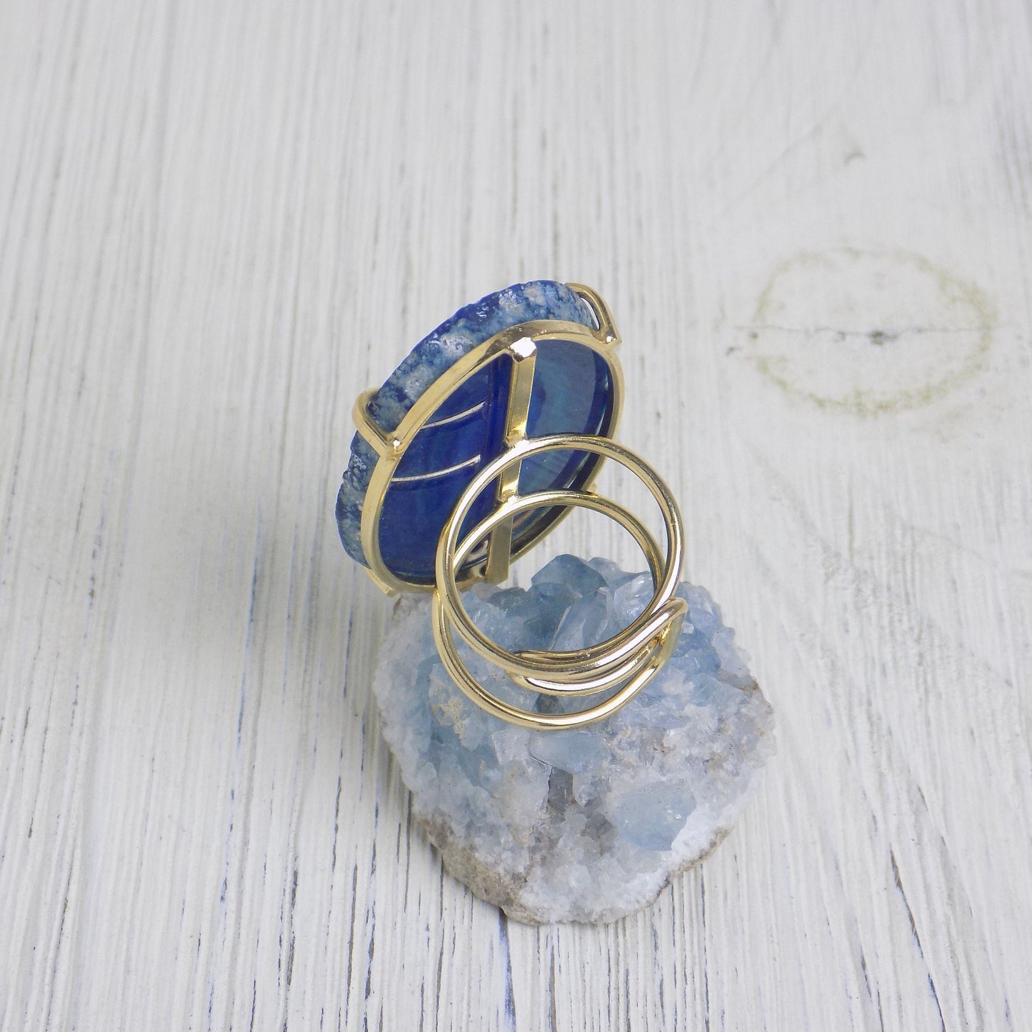 Raw Large Blue Agate Ring Gold Adjustable, Sliced Geode Cocktail Rings, Boho Crystal Statement Jewelry, G13-432