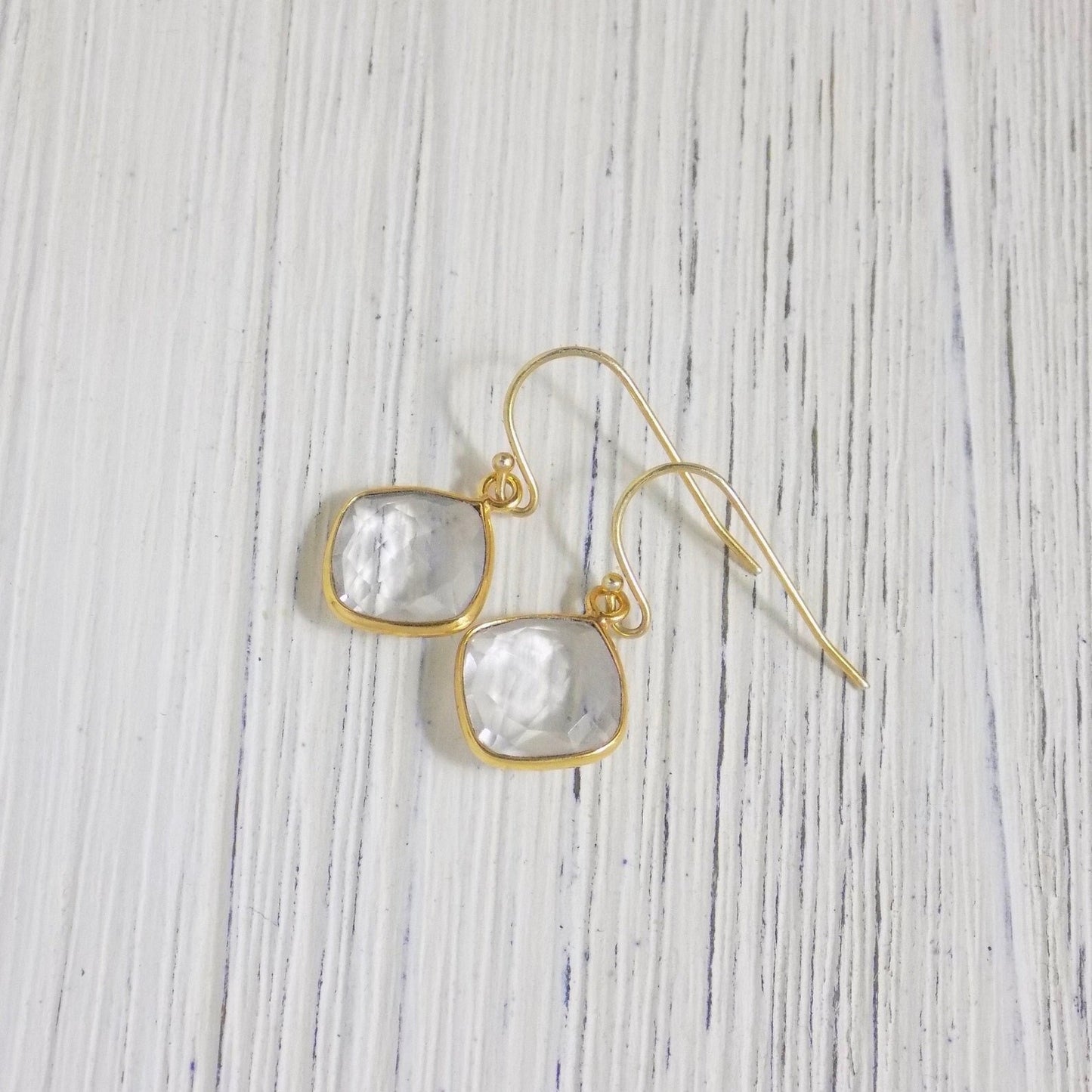 Valentines Day Gift, Minimalist Clear Crystal Drop Earrings Gold Cushion Cut Faceted, M5-300