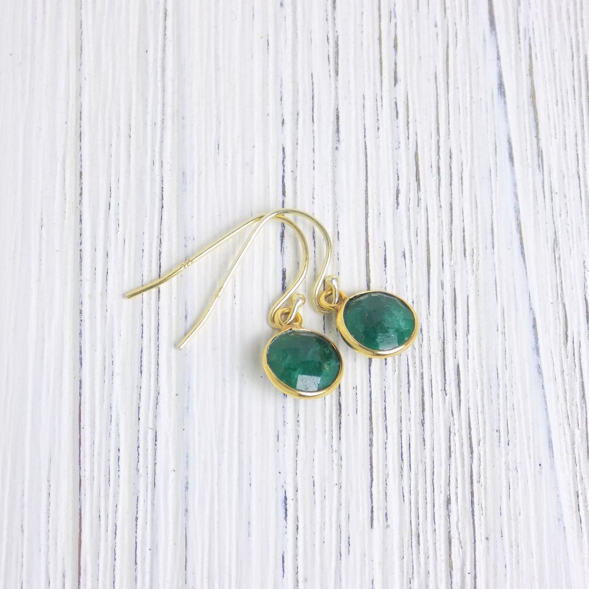 Tiny Green Emerald Earrings Gold, Round Dainty Raw Emerald Dangle Earring, Small Crystal Drop, Christmas Gift For Wife, M6-14