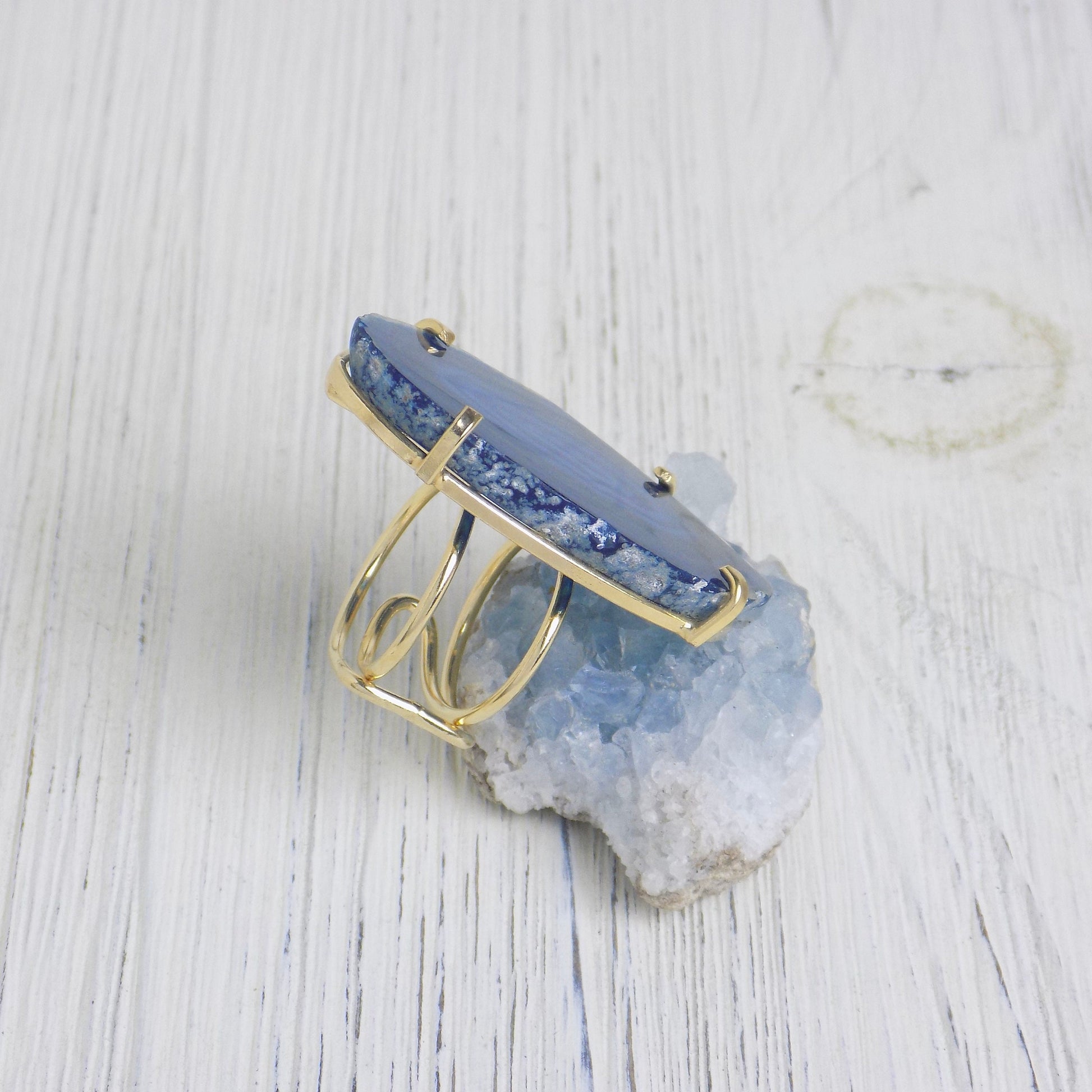 Raw Large Blue Agate Ring Gold Adjustable, Sliced Geode Cocktail Rings, Boho Crystal Statement Jewelry, G13-432