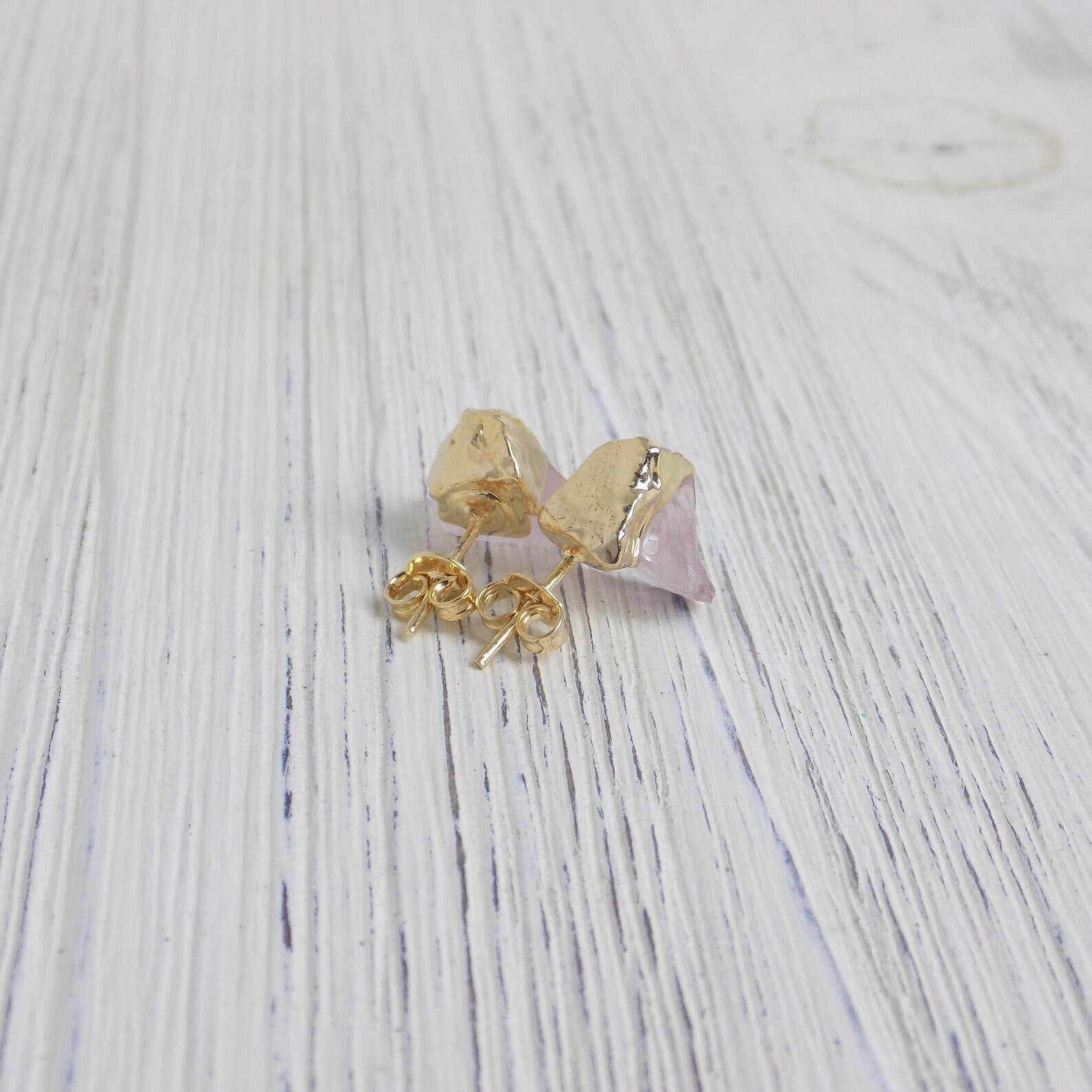 Pink Stud Earrings, Raw Rose Quartz Earrings, Light Pink Gemstone Earrings, Chunky Stone Earrings, Gold Studs, Raw Stone Jewelry, G13-135