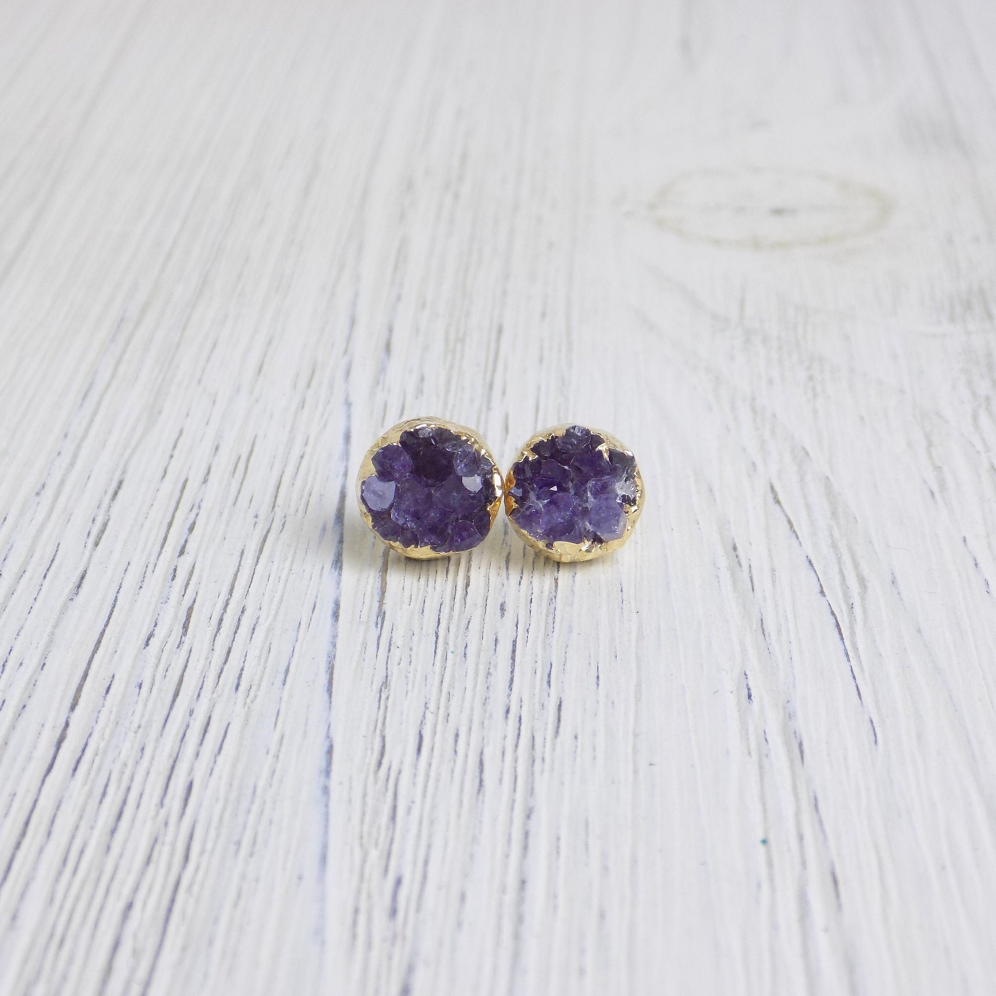 Purple Druzy Earrings Studs Gold Simple Everyday Jewelry - G13