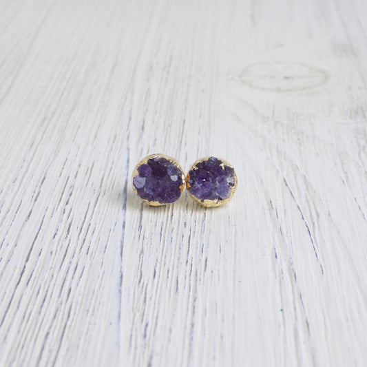Purple Druzy Earrings Studs Gold Simple Everyday Jewelry - G13