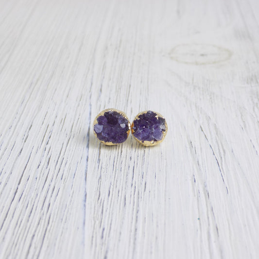 Purple Druzy Earrings Studs Gold Simple Everyday Jewelry - G13