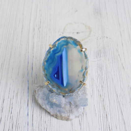 Blue Agate Slice Ring Gold Adjustable, Raw Agate Crystal, Geode Rings, Boho Statement Jewelry, Gift For Her, G13-452