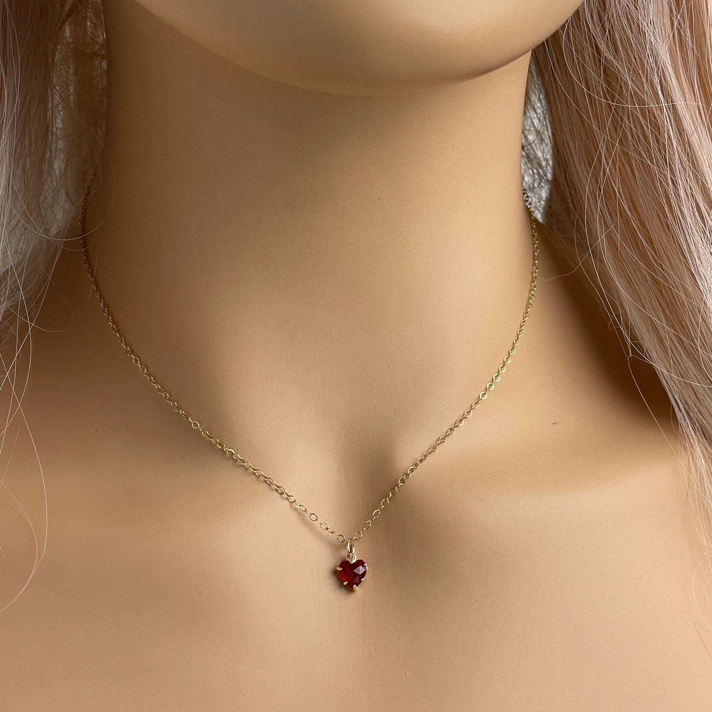 Tiny Red Heart Necklace Gold Cubic Zirconia Crystal on Gold Chain, Gift For Mom, M6-25