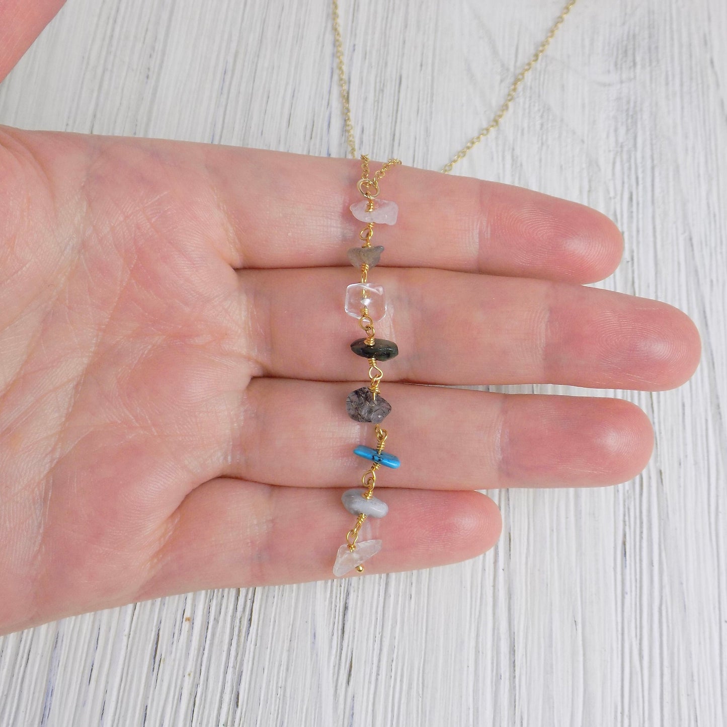 Gemstone Lariat Necklace, Colorful Crystal Y Necklace Gold, Labradorite Turquoise Aquamarine Rutilated Quartz, Gift For Mom, M6-28